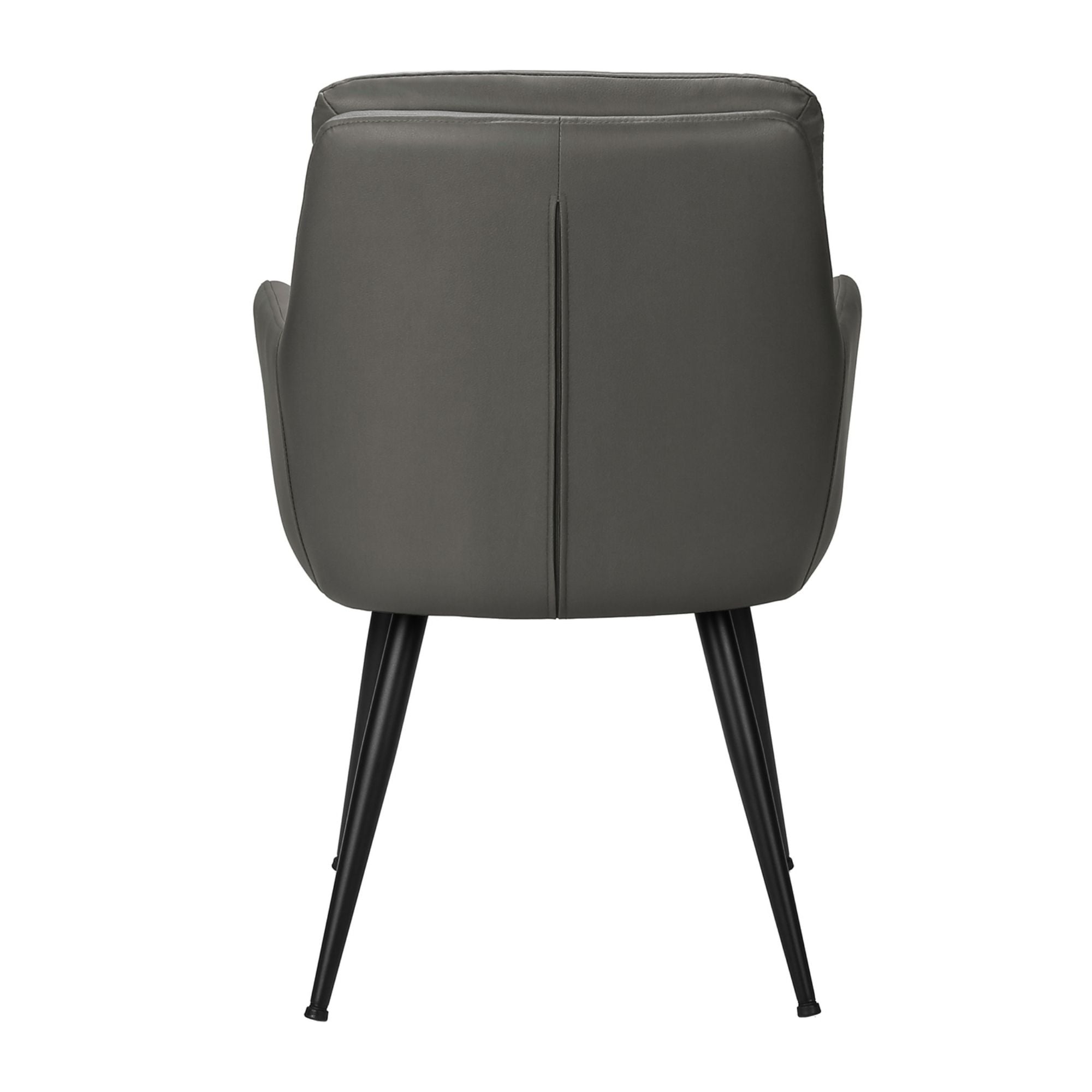 Set of two grey leather-look Monarch Specialties dining chairs with sleek, cushioned seats and modern design.