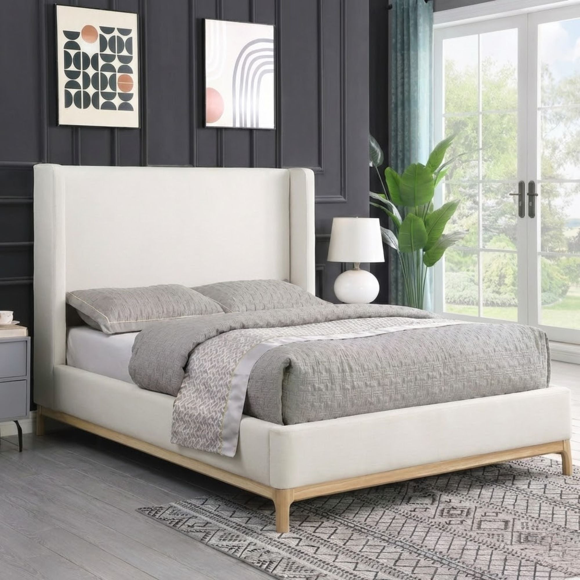 Brassex Monroe Wing upholstered bed in beige with padded headboard and winged sides, modern and stylish bedroom furniture.