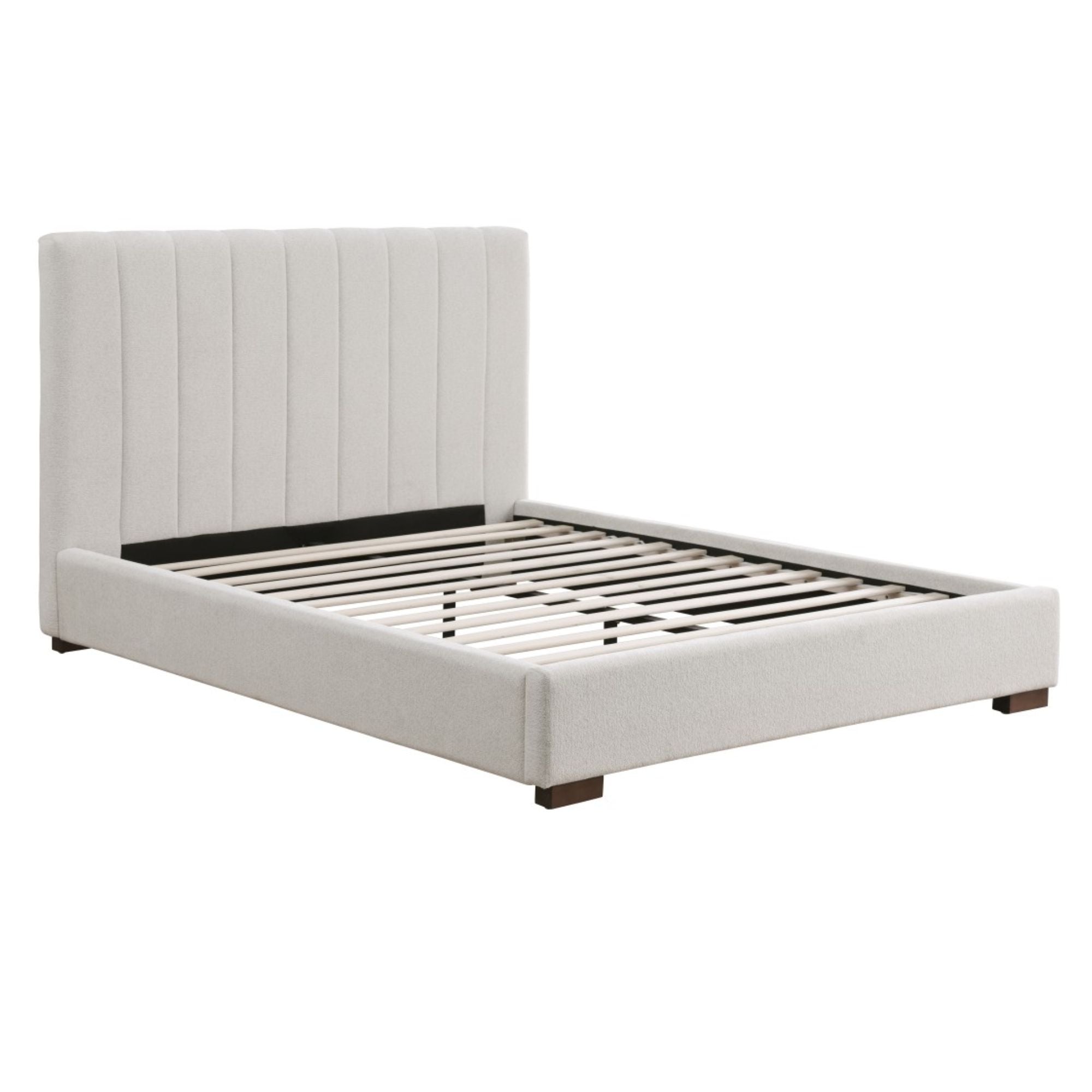 Channel-tufted beige platform bed by Brassex, showcasing a modern bed frame with upholstered headboard and sleek design.
