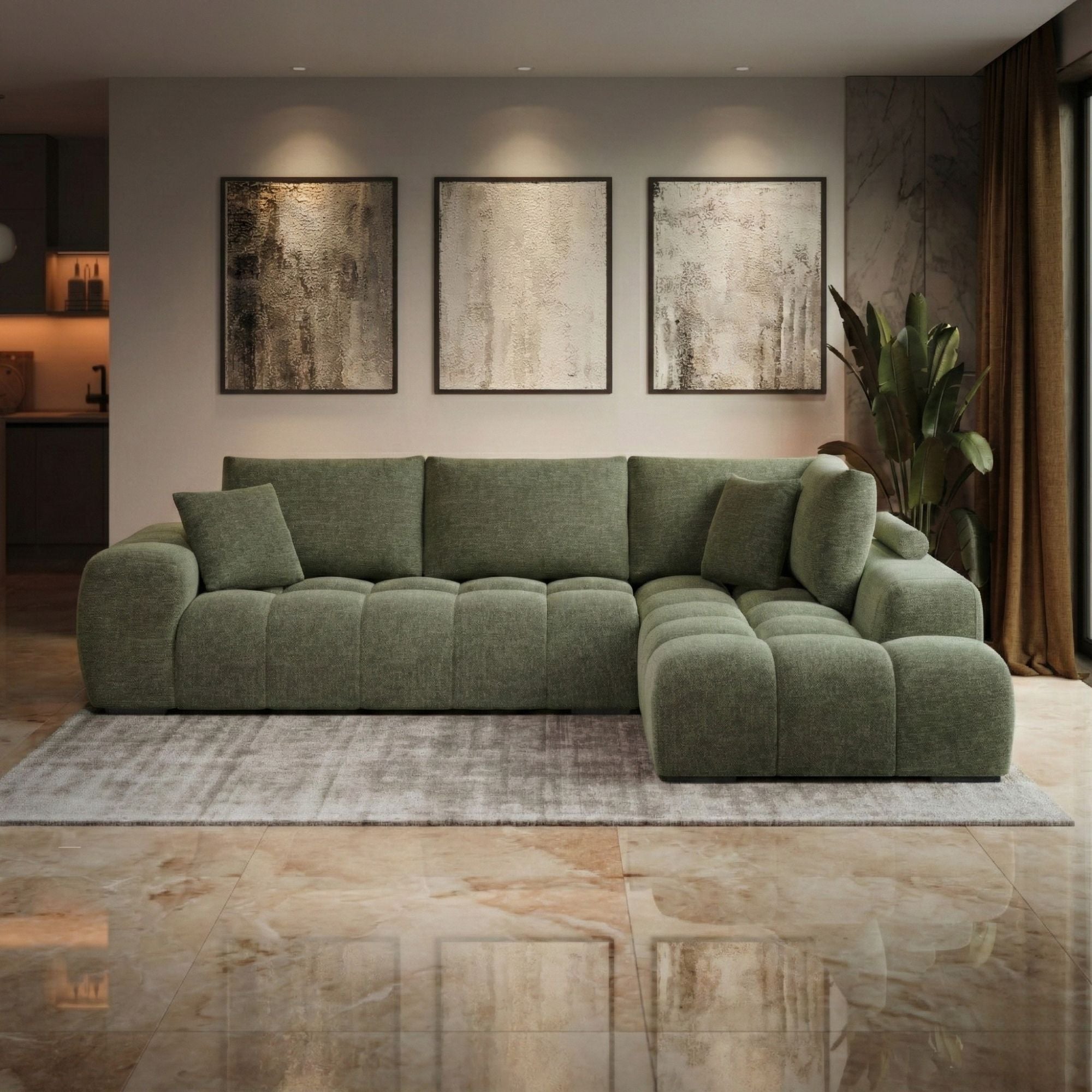 Brassex green sectional sofa from Zara in a spacious living room setting, showcasing plush cushions and modern design.