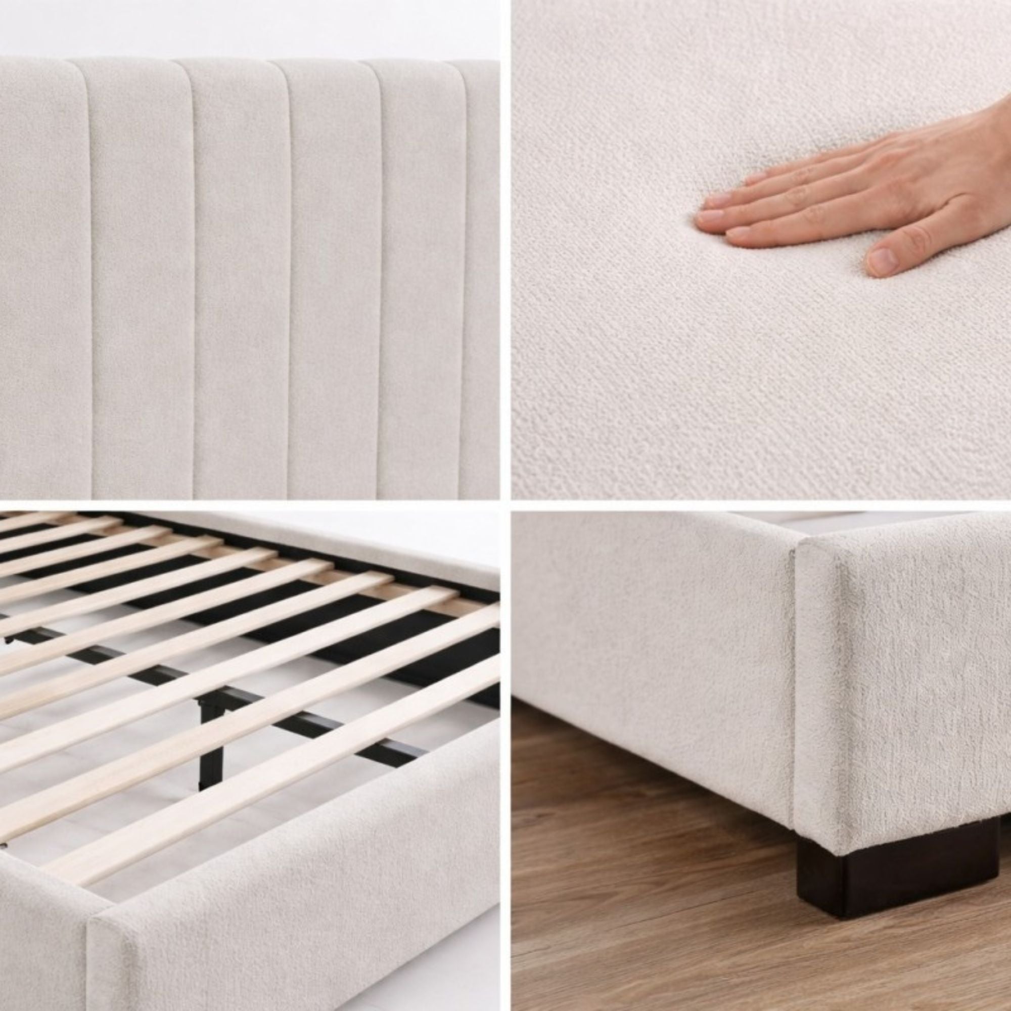 Channel-tufted beige platform bed by Brassex featuring a modern, upholstered design with a sleek headboard and sturdy frame.