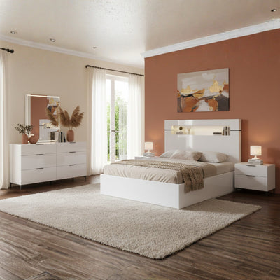 Light grey Lumina bedroom set by Amica Furniture featuring a lift-up storage bed and matching bedside tables.