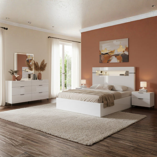 Light grey Lumina bedroom set by Amica Furniture featuring a lift-up storage bed and matching bedside tables.