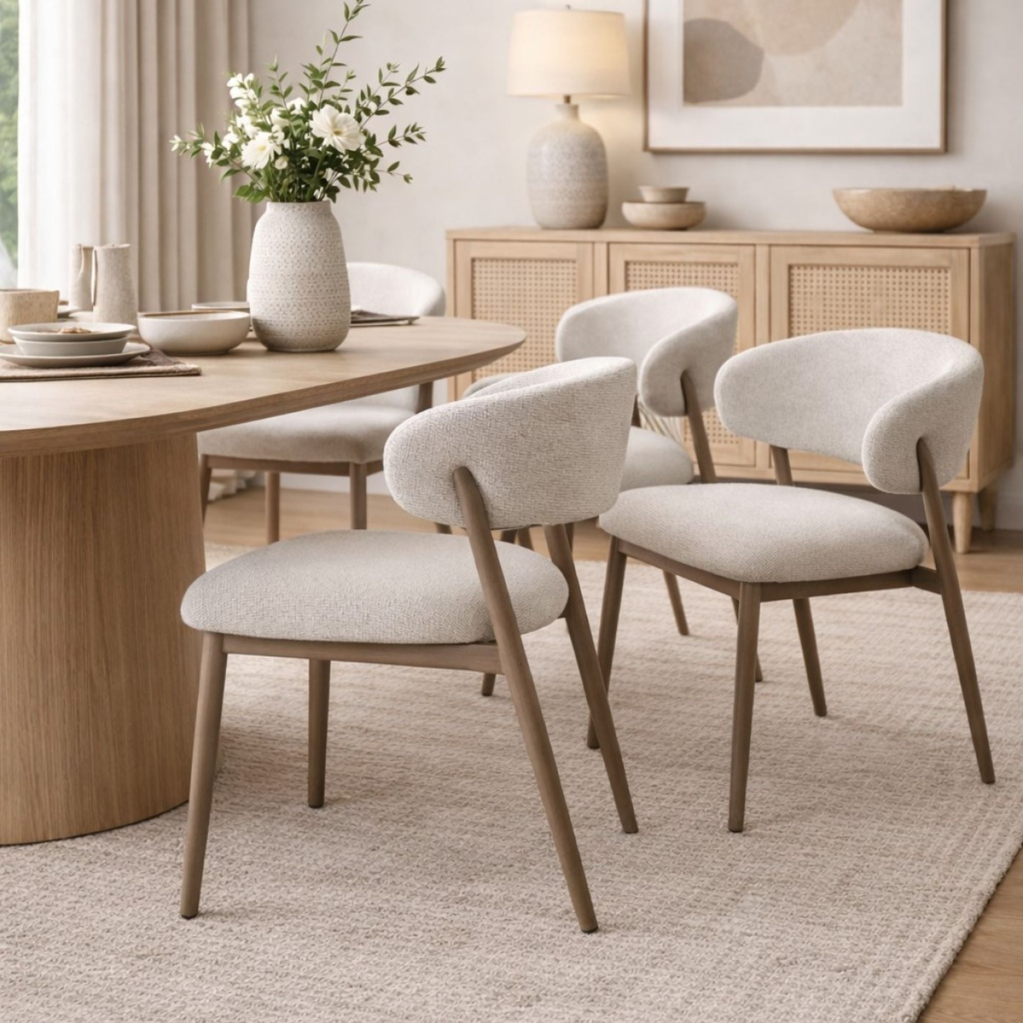 Pair of beige Linden dining chairs by Brassex, showcasing modern seating with wooden legs and upholstered seats.