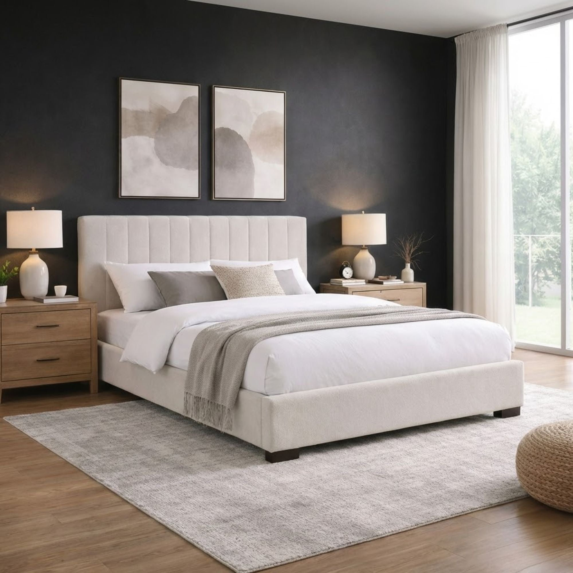 Channel-tufted beige platform bed by Brassex with a modern, upholstered design and sturdy wooden legs.