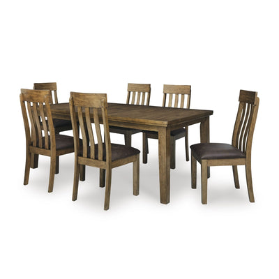 Ashley Urbinforte 7-piece dining room set with light brown wood finish, including table and matching chairs.