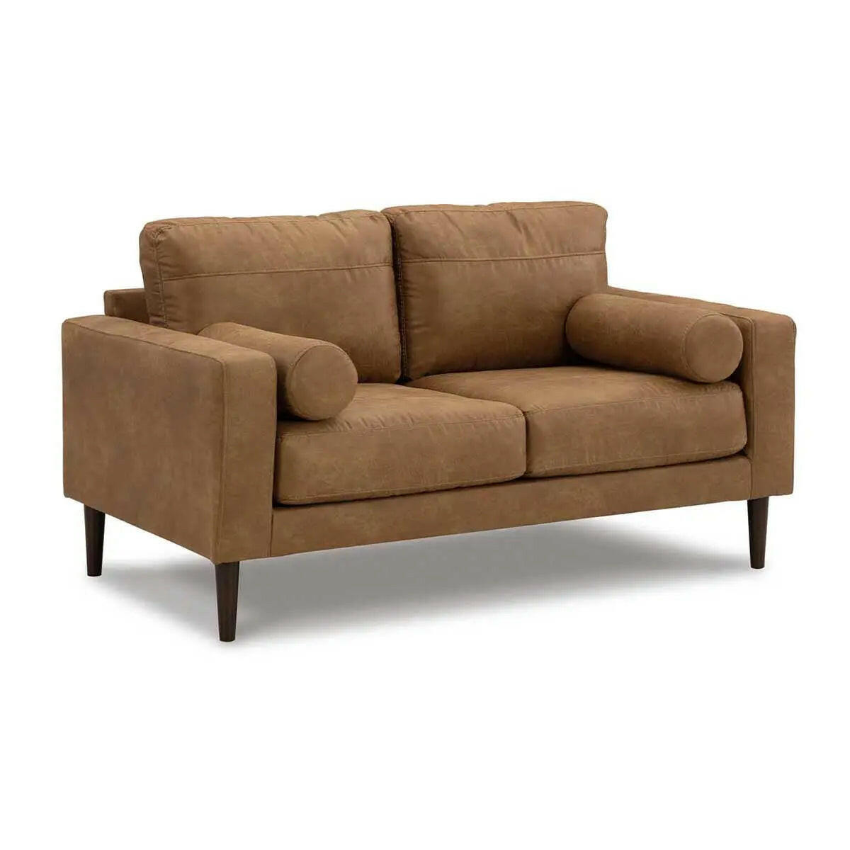 Ashley Telora caramel loveseat from Signature Design by Ashley, showing plush fabric and cozy armrests in an angled view.