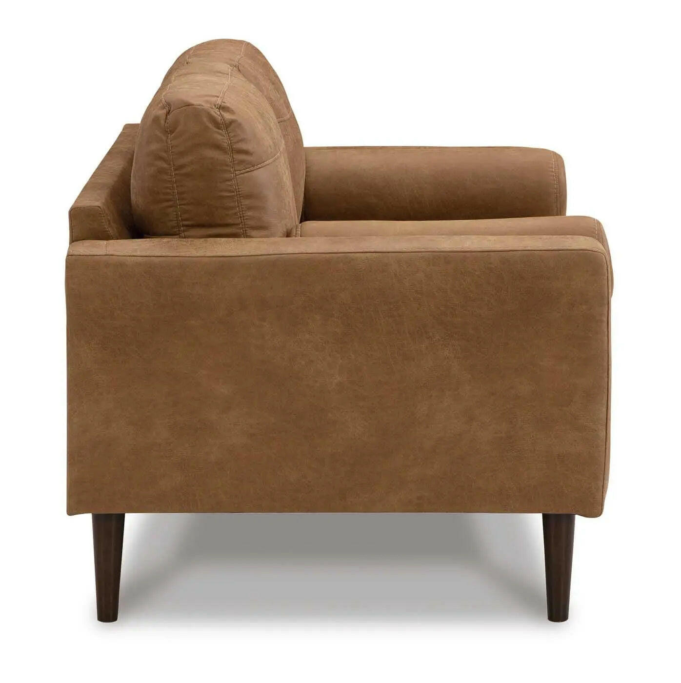 Ashley Telora caramel loveseat from Signature Design by Ashley, showing plush fabric and comfortable seating with side view.