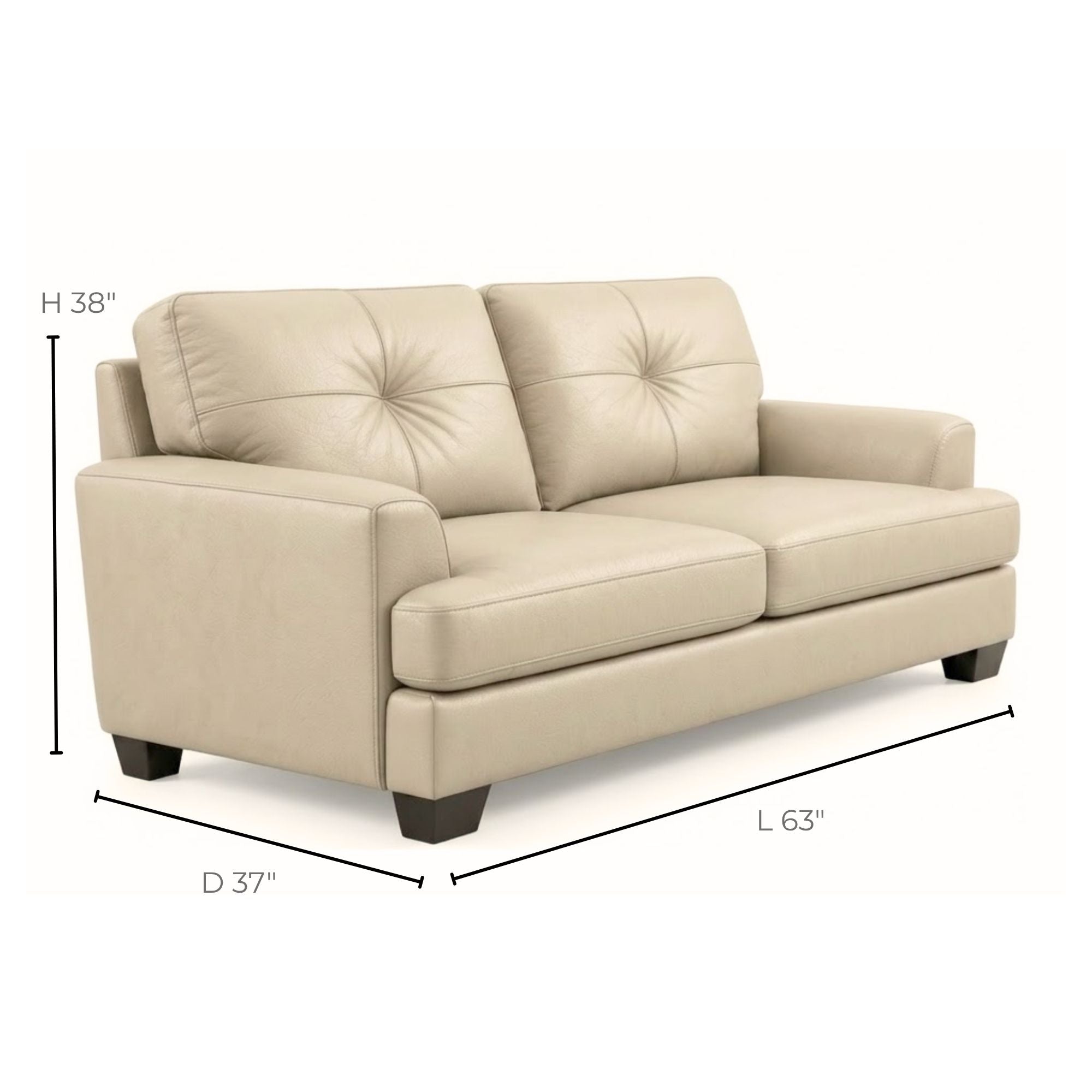 Canadian-made Wilson Leather Sofa Set in beige with plush cushions and sturdy wooden legs, stylishly arranged in a living room setting.