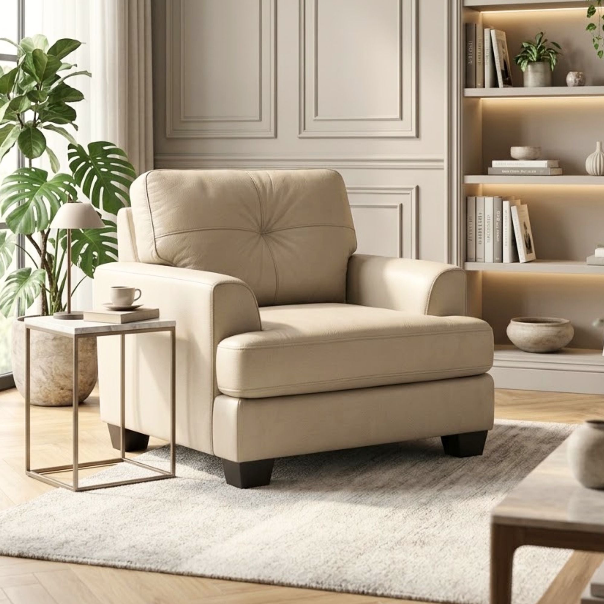Canadian-made Wilson Leather Accent Chair by Fancy in beige with plush upholstery and wooden legs.