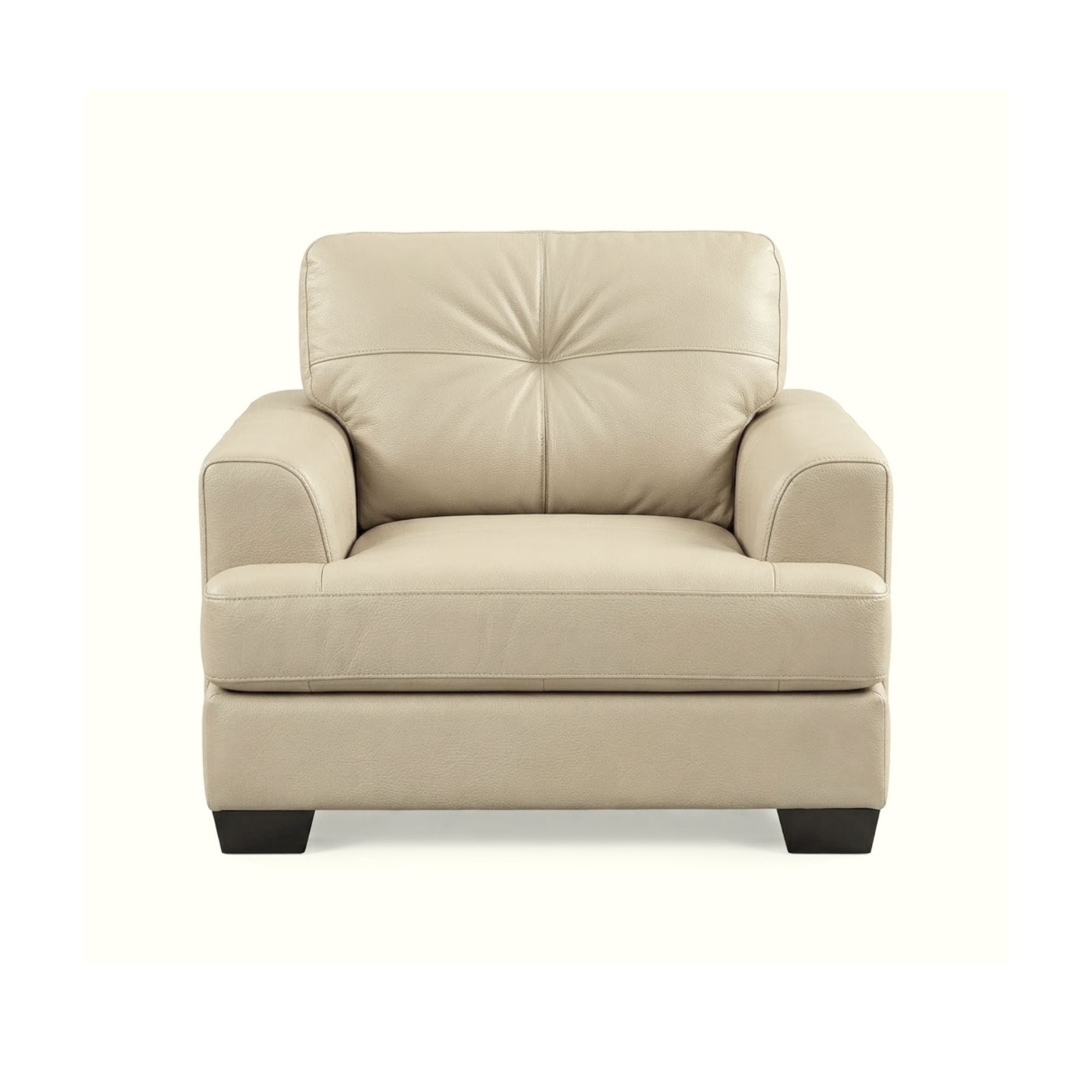 Canadian-made Wilson Leather Sofa Set by Fancy in beige, featuring plush cushions and sleek armrests in a modern living room setting.