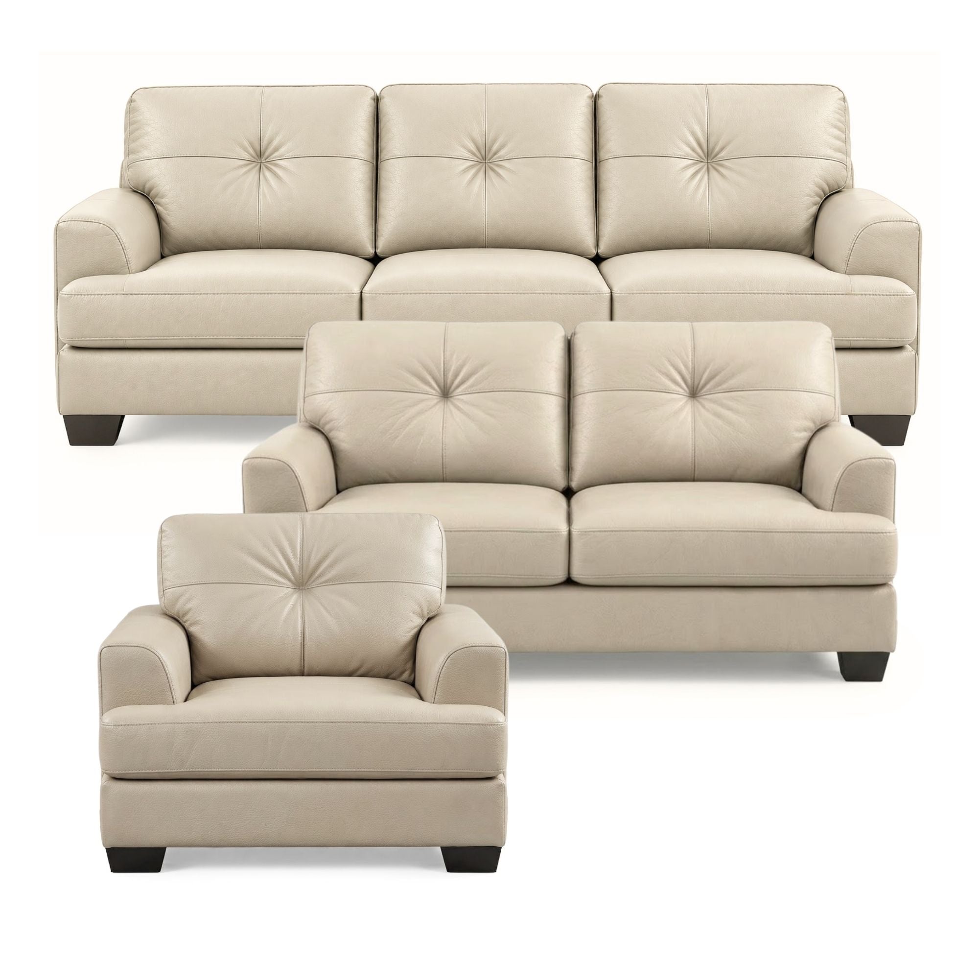 Canadian-made Wilson Leather Sofa Set in beige, featuring plush cushions and elegant design from Sofa by Fancy.