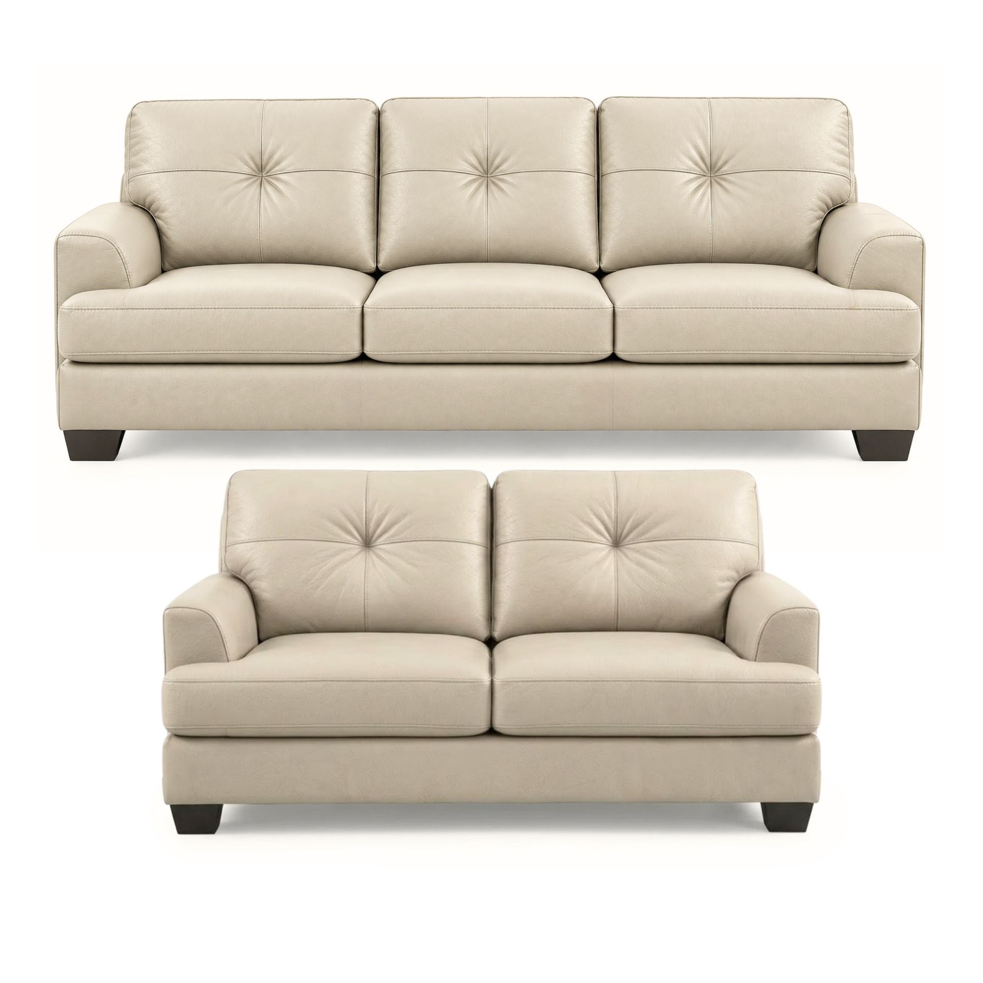 Canadian-made Wilson Leather Sofa Set in beige, featuring plush cushions and elegant armrests, by Sofa by Fancy.