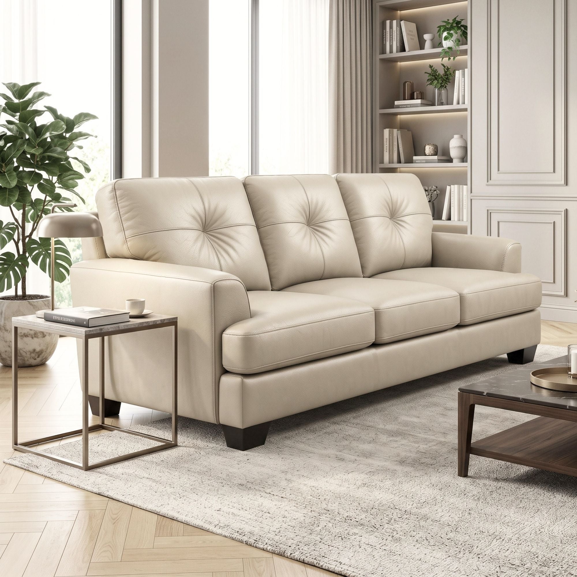 Beige Wilson leather sofa by Fancy, Canadian-made, showcasing plush cushions and sleek armrests in a modern living room setting.
