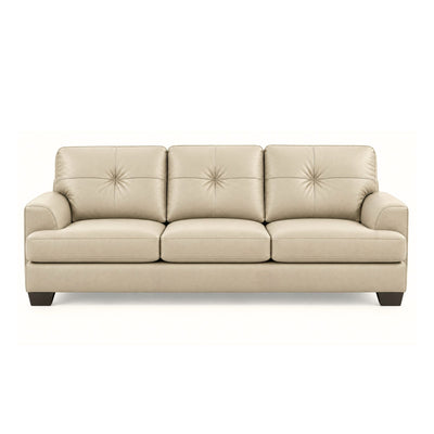 Canadian-made Wilson leather sofa by Fancy in beige, featuring plush cushions and sleek armrests in a modern living room setting.