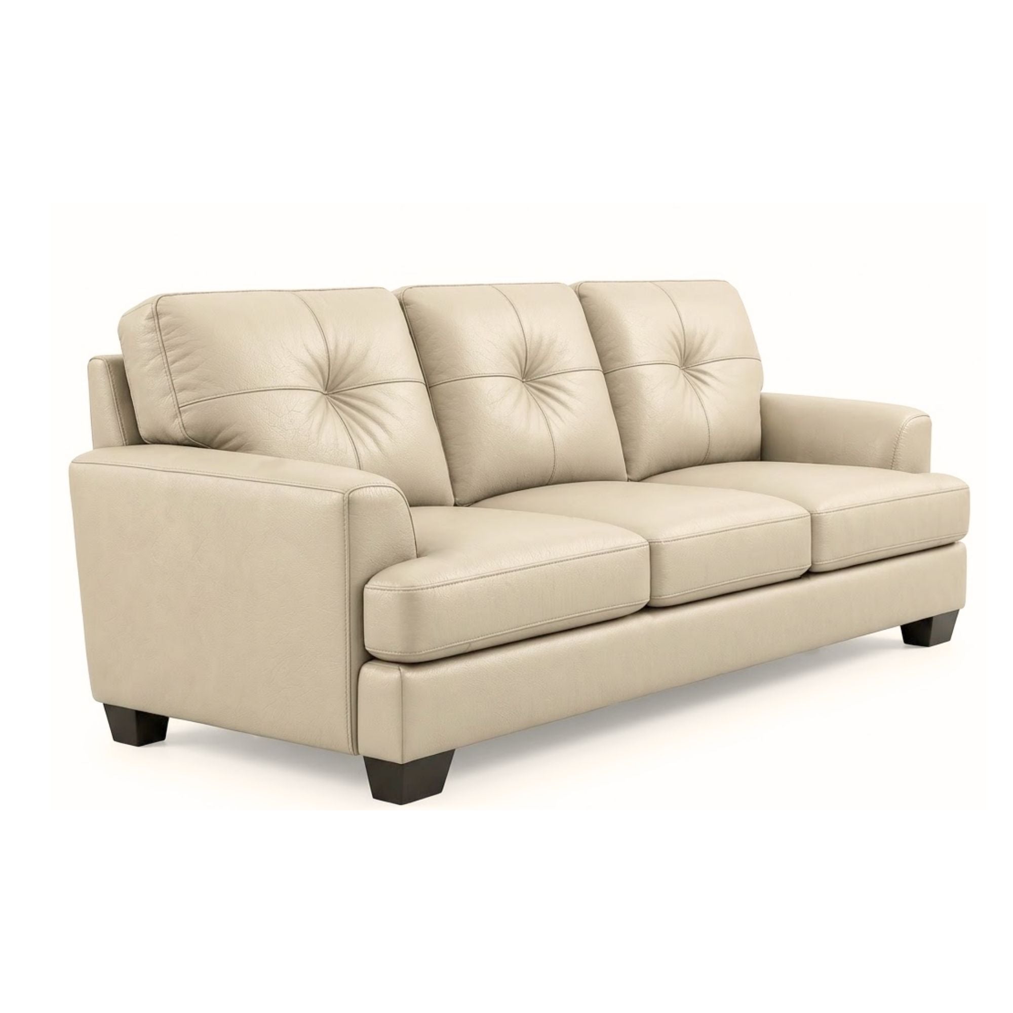 Beige Wilson Leather Sofa by Fancy, Canadian-made, showcasing plush cushions and sleek design in a modern living room setting.