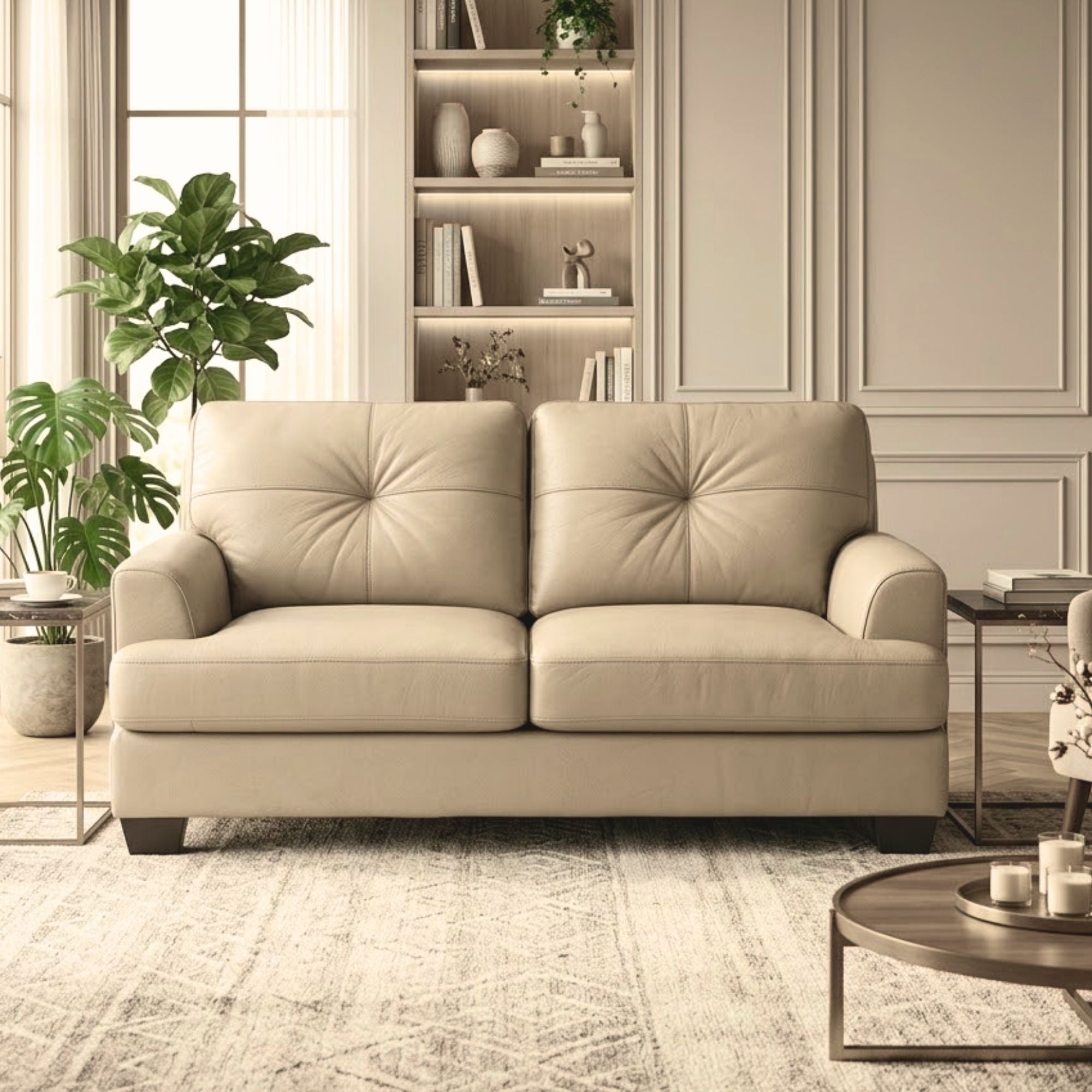Beige Wilson leather loveseat by Sofa by Fancy, Canadian-made, showcasing plush cushions and elegant stitching.