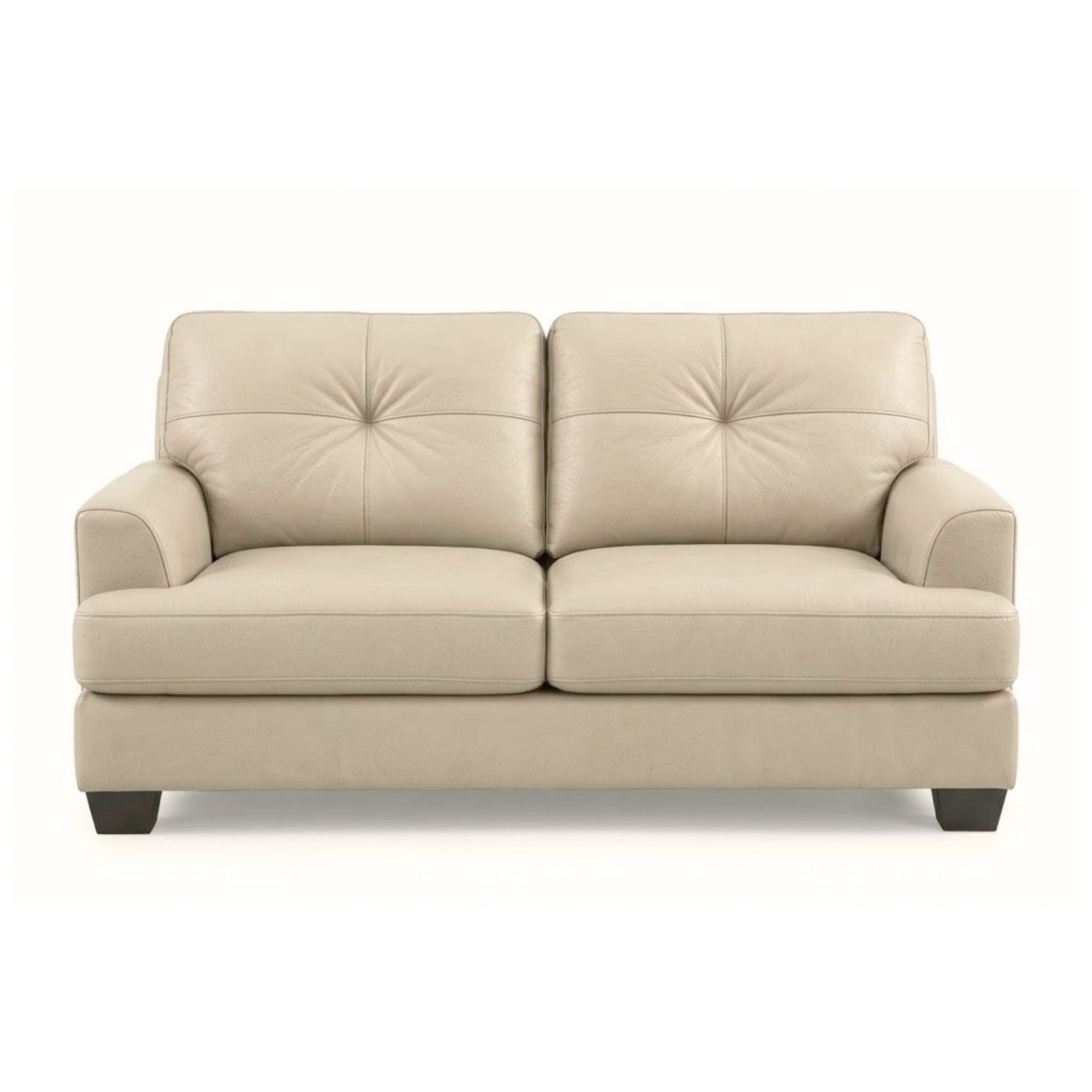 Canadian-made Wilson Leather Loveseat in beige, featuring plush cushions and elegant design by Sofa by Fancy.