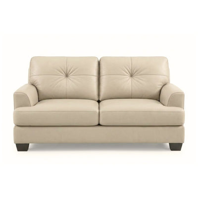 Canadian-made Wilson Leather Loveseat in beige, featuring plush cushions and elegant design by Sofa by Fancy.