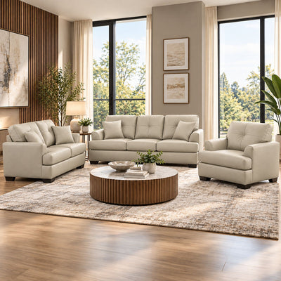 Canadian-made Wilson Leather Sofa Set in beige, featuring plush cushions and sleek armrests in a modern living room setting.