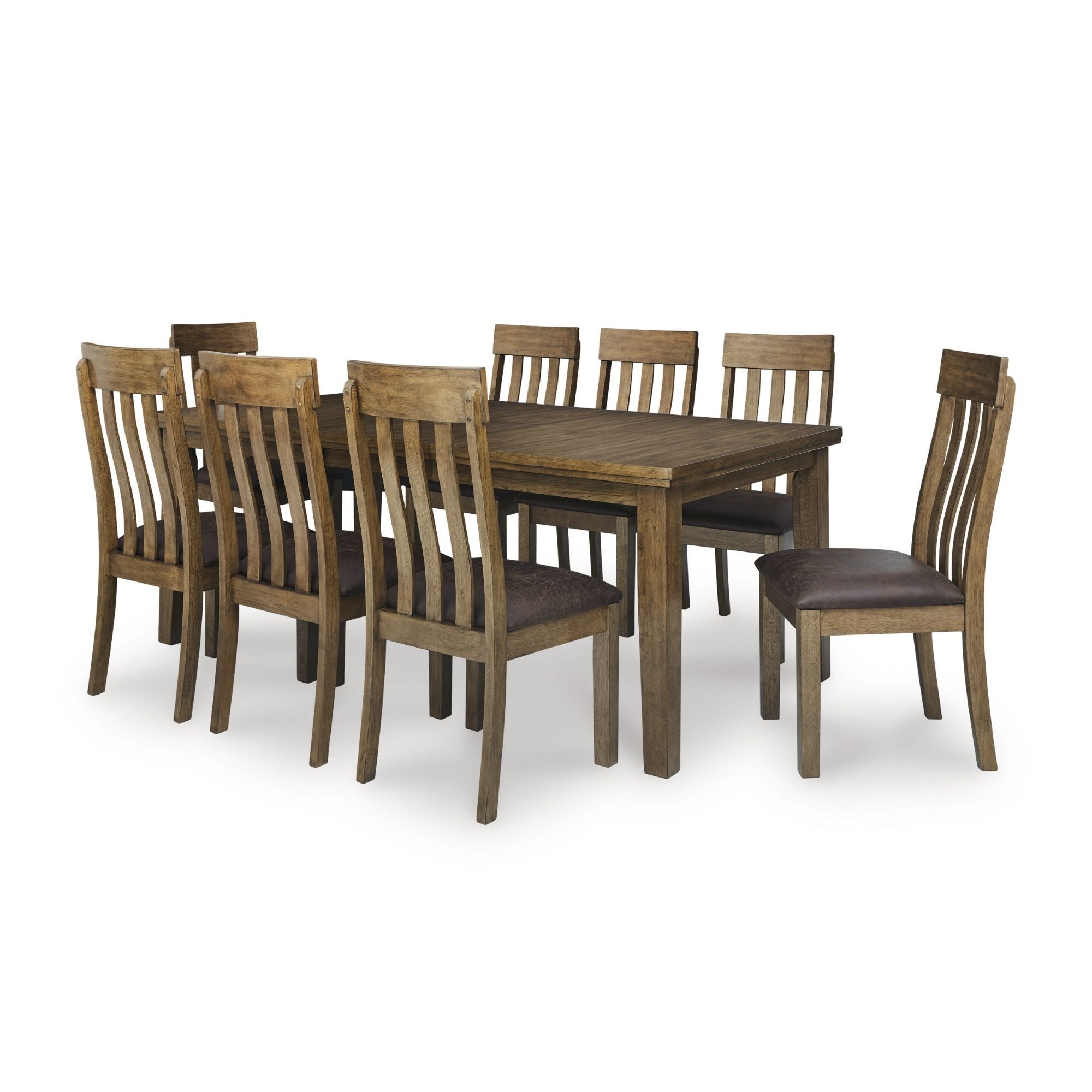 Ashley Urbinforte 9-piece dining room set with light brown wood finish, includes dining table and matching chairs.