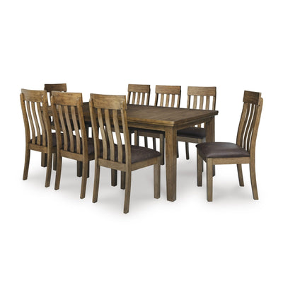 Ashley Urbinforte 9-piece dining room set with light brown wood finish, includes dining table and matching chairs.
