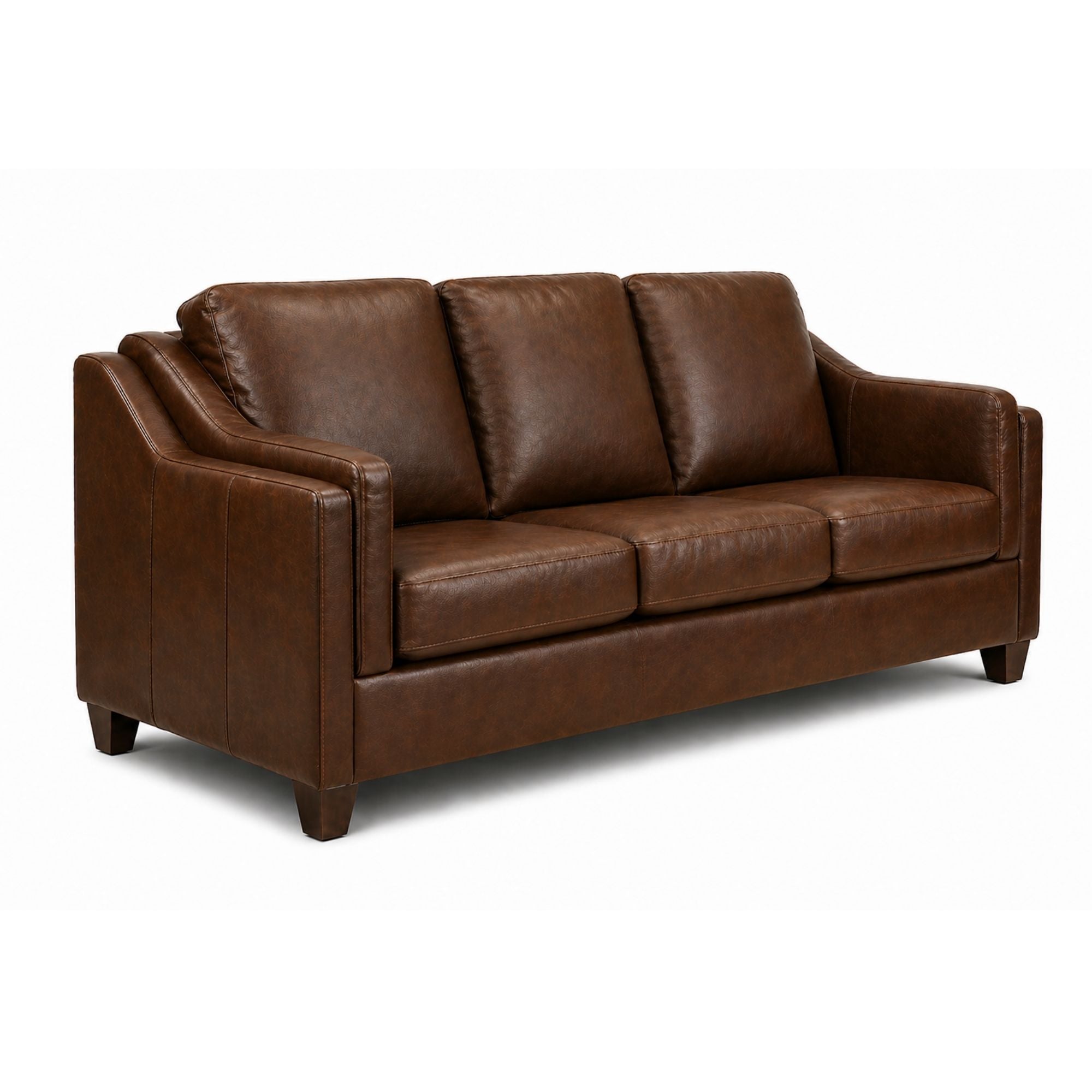 A.C. Canadian made brown leather Match sofa with wood legs, showcasing a stylish and comfortable living room seating option.