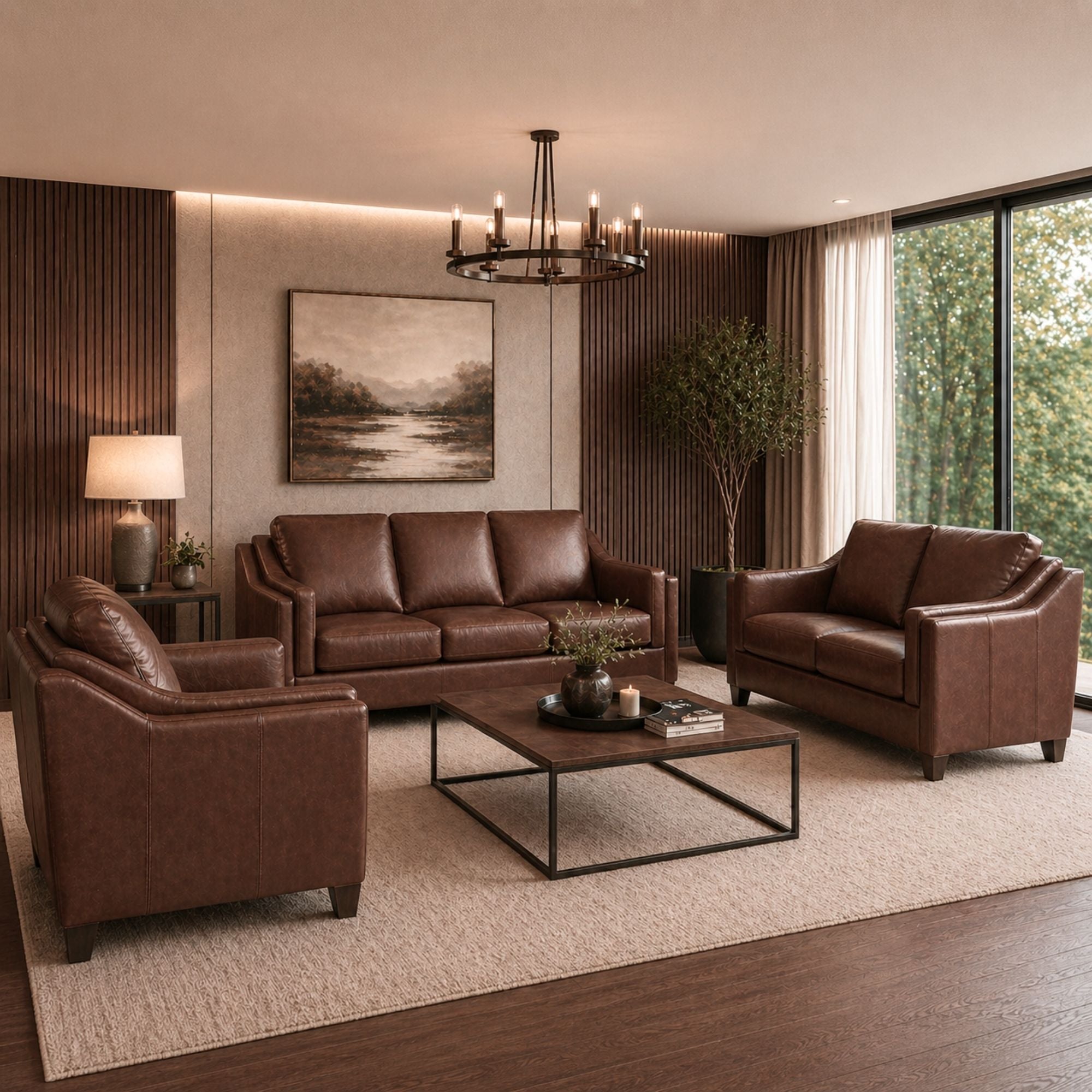 A.C. Canadian made brown leather sofa set with wood legs, featuring plush cushions and sleek design for modern living spaces.