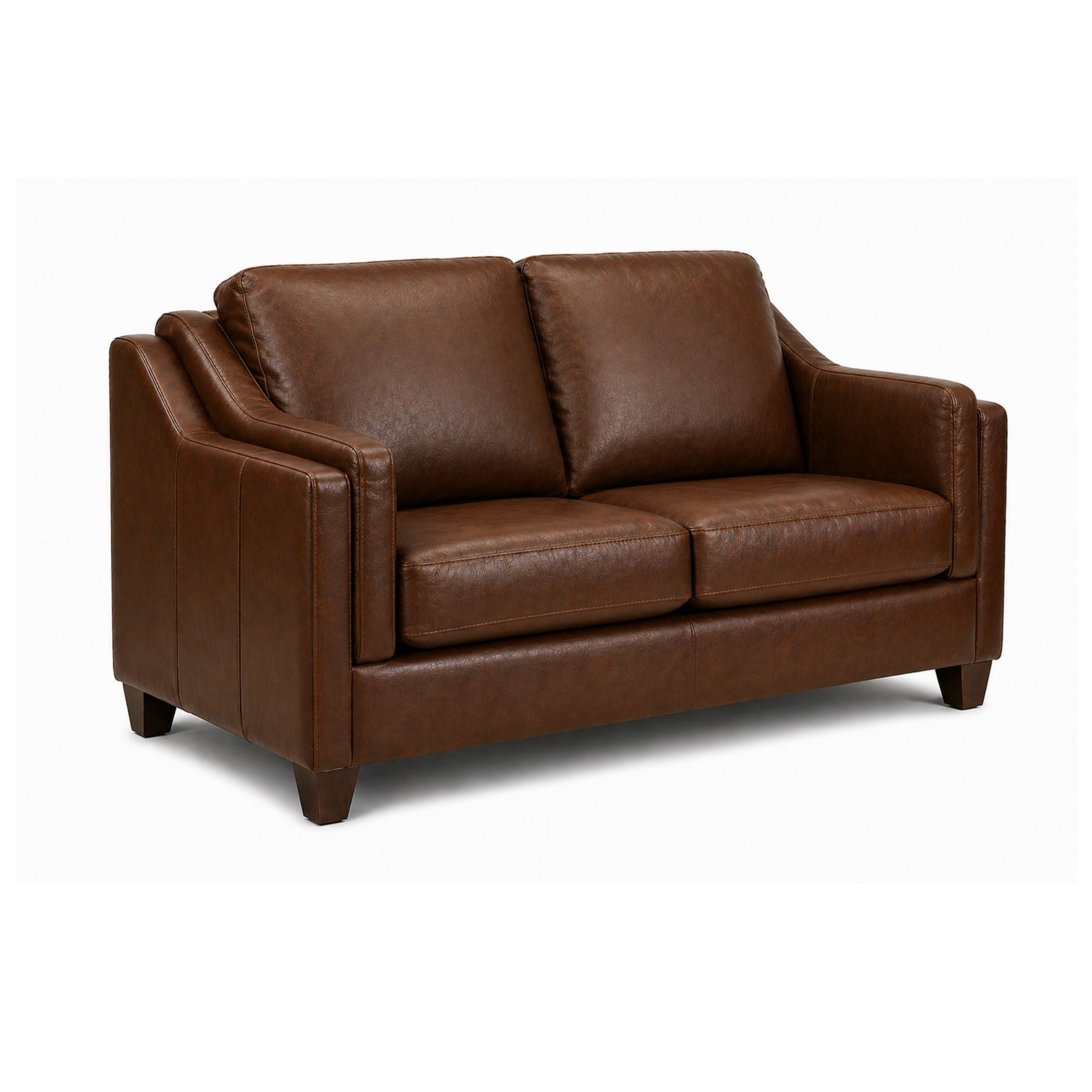 A Canadian-made brown leather loveseat with wooden legs, featuring plush cushions and a stylish design by A.C. furniture.