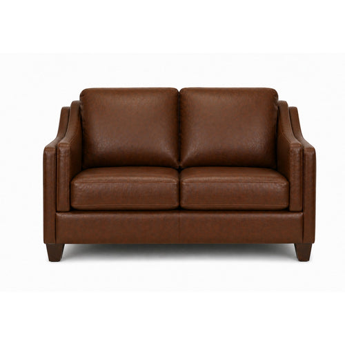 A.C. Canadian made leather loveseat with brown full leather upholstery and wooden legs, showcasing a cozy, stylish seating option.