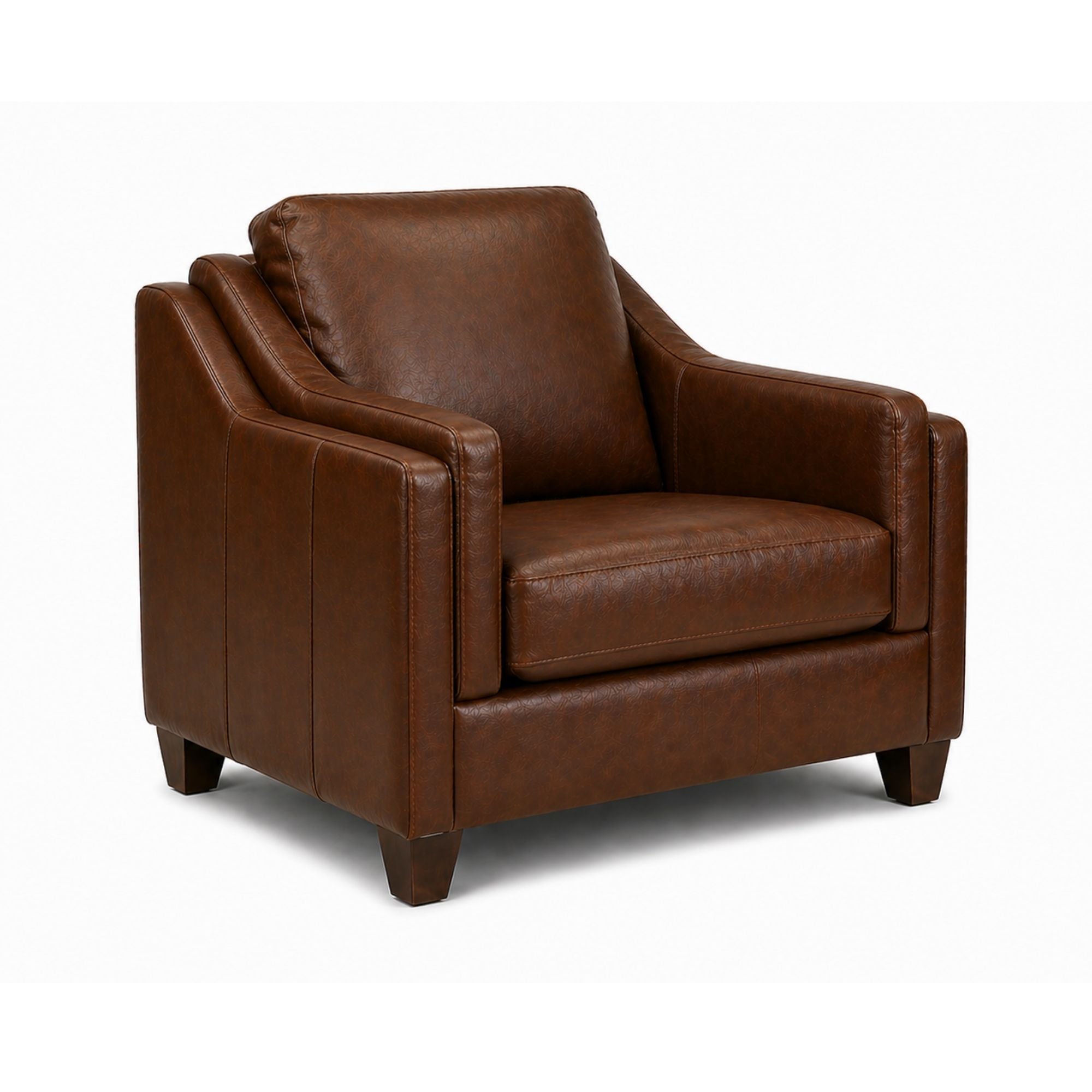Brown Canadian made leather accent chair with wood legs from A.C., showcasing a stylish and comfortable seating option.