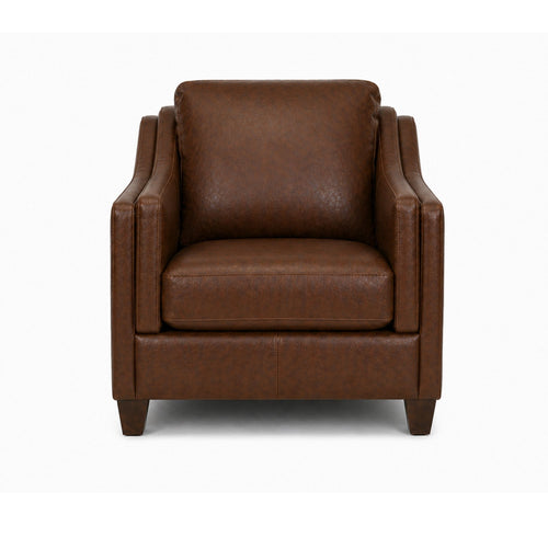 A Canadian-made brown leather accent chair with wooden legs, featuring a stylish and comfortable design.