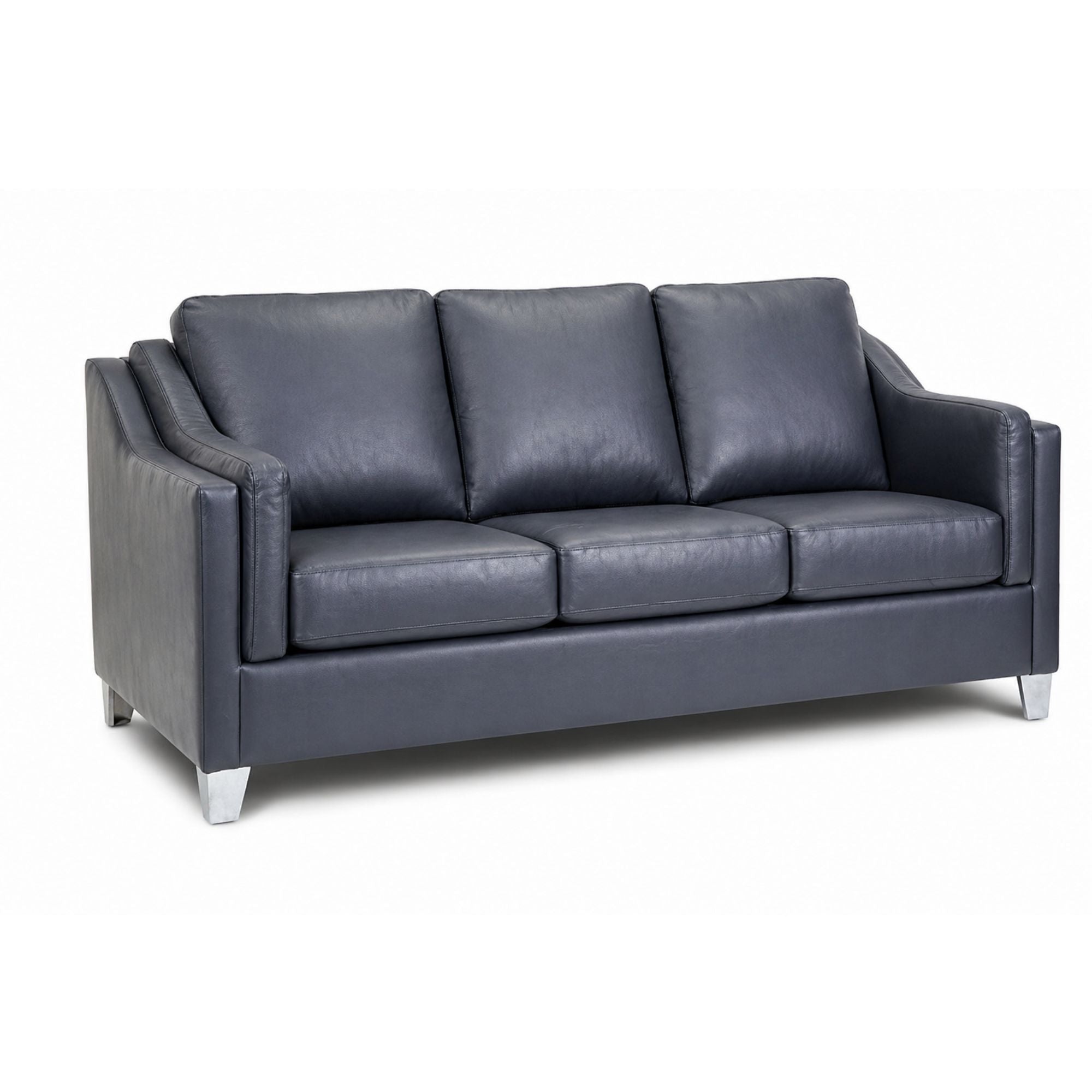 A.C. Canadian Made Leather Match Sofa with dark blue upholstery and chrome legs, showcasing a modern, stylish living room seating.