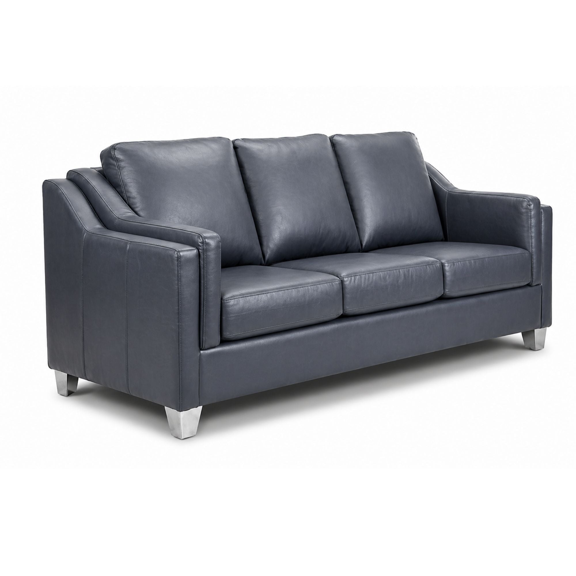 A.C. Canadian Made leather match sofa with dark blue upholstery and chrome legs, showcasing a modern living room setup.