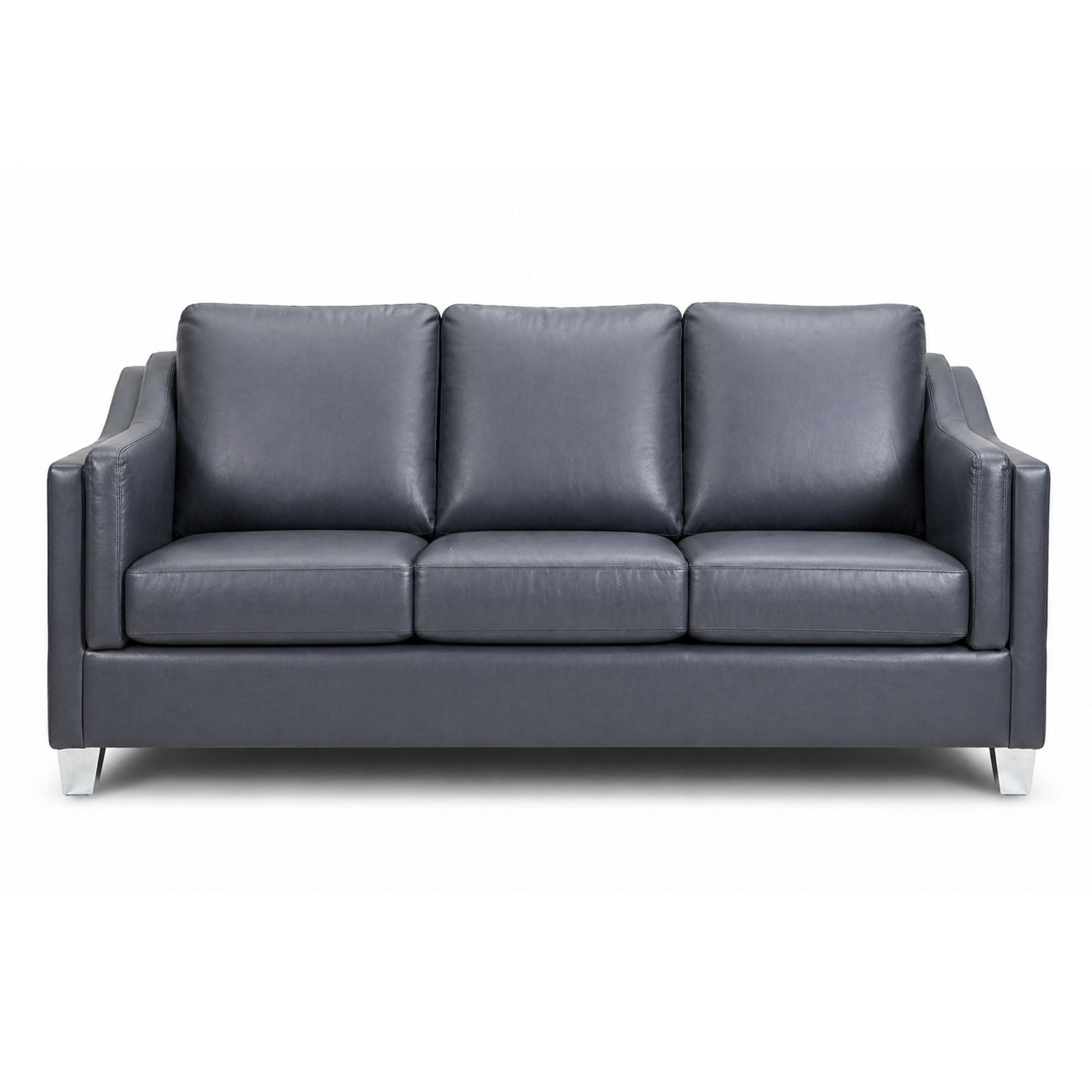 A.C. Canadian made leather match sofa with dark blue upholstery and chrome legs, showcasing a modern, comfortable living room seat.
