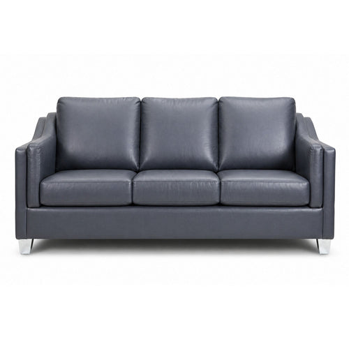 A.C. Canadian made leather match sofa with dark blue upholstery and chrome legs, showcasing a modern, comfortable living room seat.