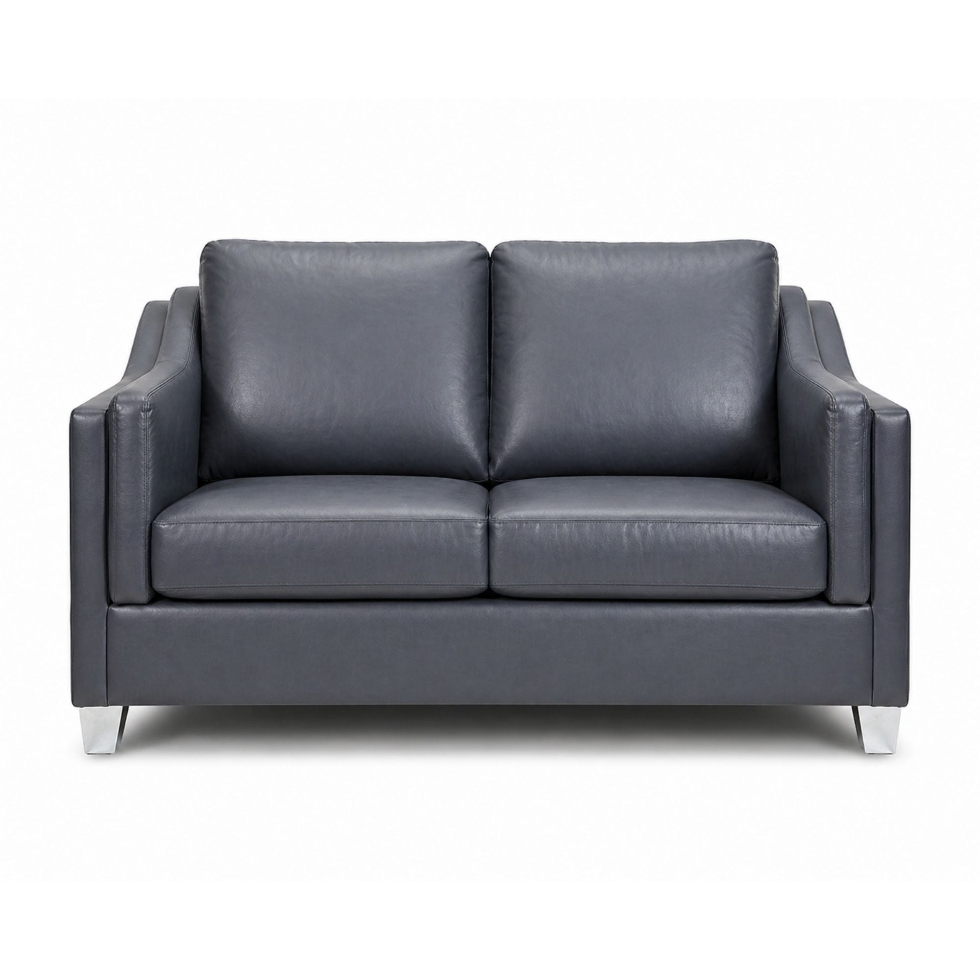 Dark blue grey leather match loveseat with chrome legs by A.C., showcasing plush cushions and modern design.