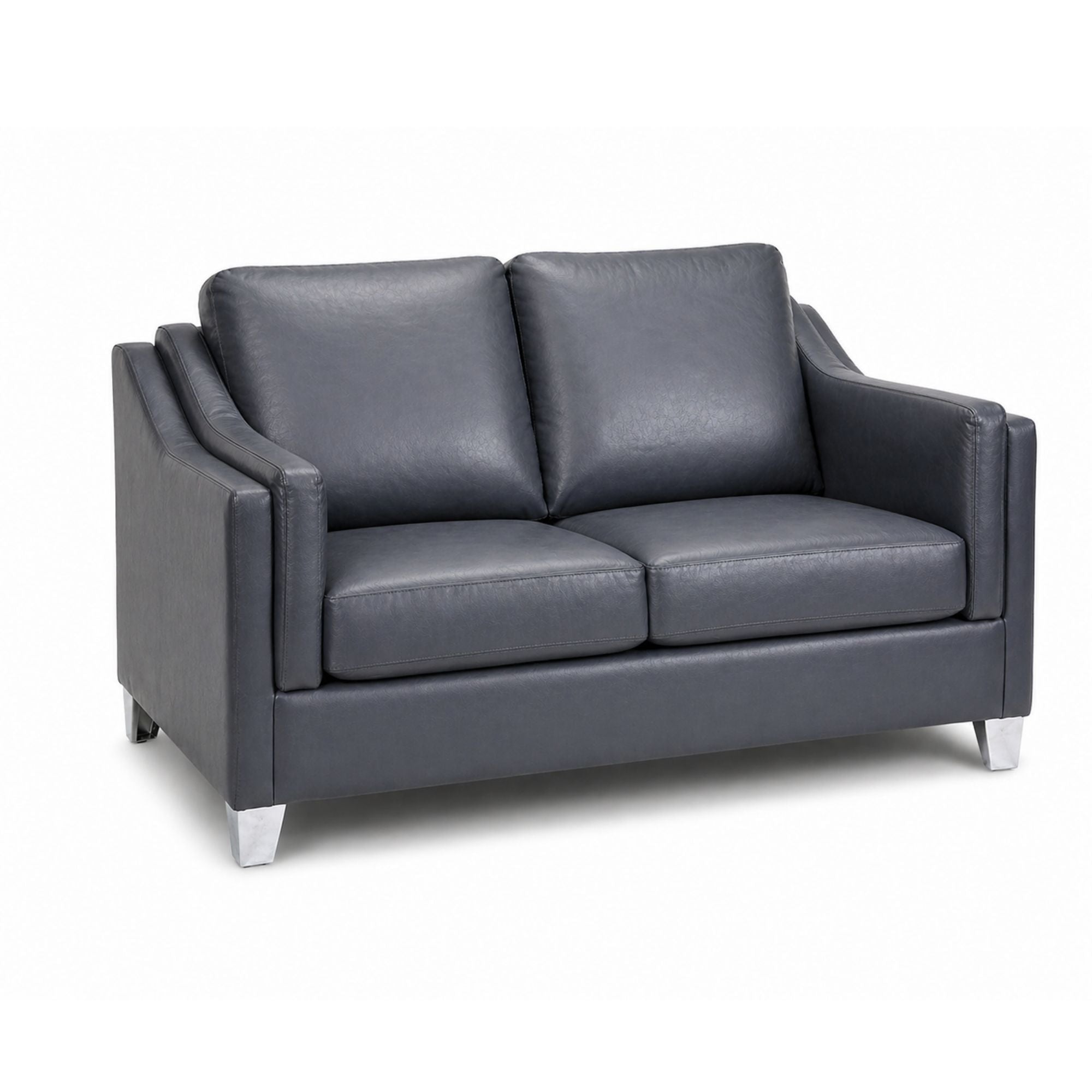 A Canadian-made dark blue grey leather match loveseat with chrome legs, showcasing modern design and comfortable seating.