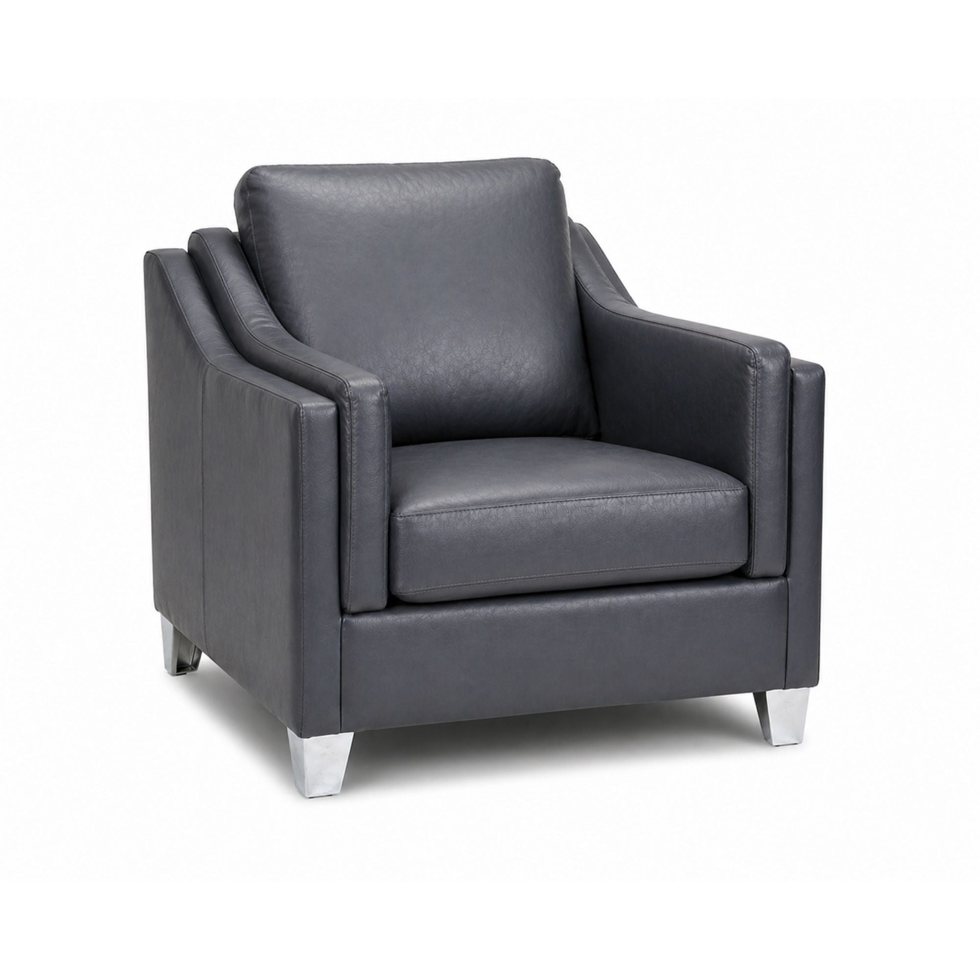 A.C. Canadian made dark blue leather accent chair with chrome legs, showcasing a modern and stylish design.