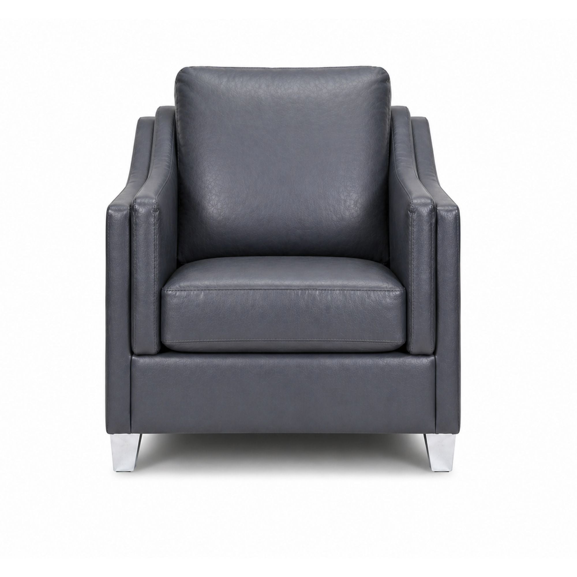 Dark blue Canadian made leather accent chair with chrome legs from A.C., showcasing a sleek, modern design with plush upholstery.