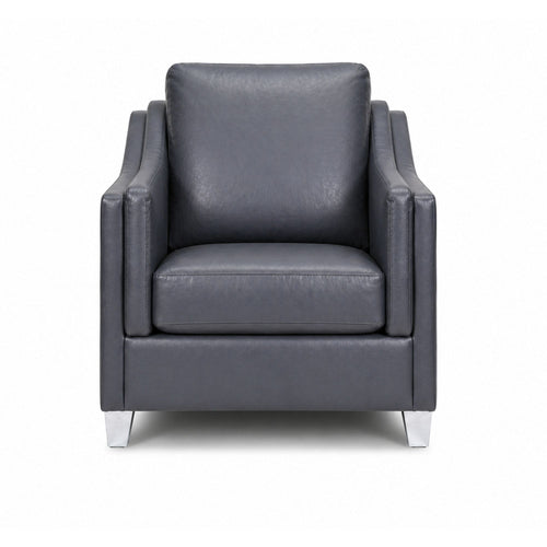 Dark blue Canadian made leather accent chair with chrome legs from A.C., showcasing a sleek, modern design with plush upholstery.