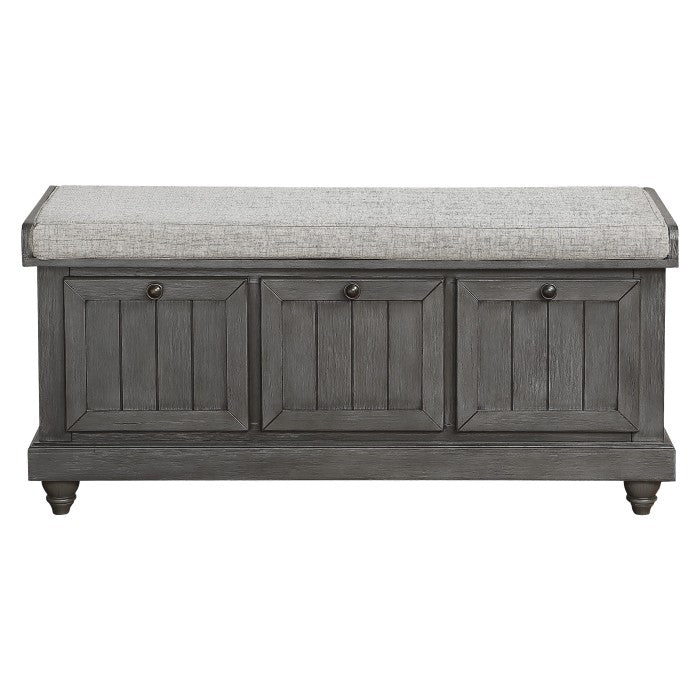 Gray Woodwell Lift-Top Storage Ottoman Bench by MAZ, showing front view with cushioned top and storage space inside