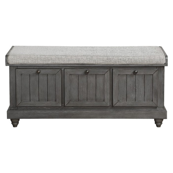 Gray Woodwell Lift-Top Storage Ottoman Bench by MAZ, showing front view with cushioned top and storage space inside