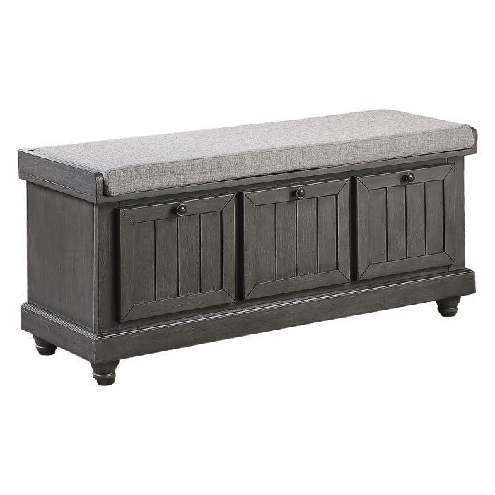 Grey Woodwell Lift-Top Storage Ottoman Bench by MAZ, showing side view with open lid and ample storage space.