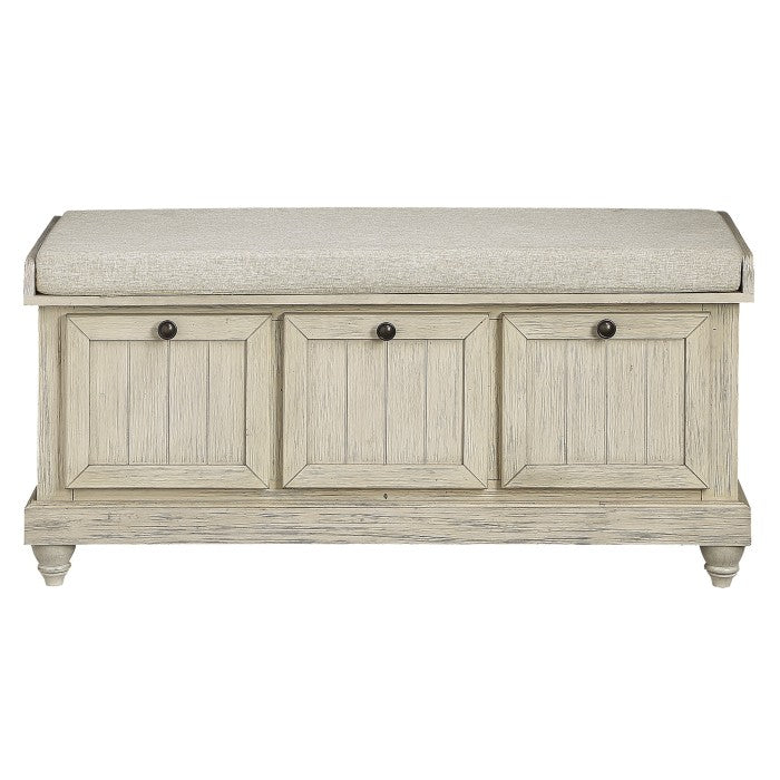 MAZ Woodwell lift-top beige storage ottoman bench with cushioned top and wooden legs, ideal for living room or entryway.