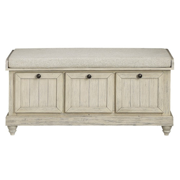 MAZ Woodwell lift-top beige storage ottoman bench with cushioned top and wooden legs, ideal for living room or entryway.