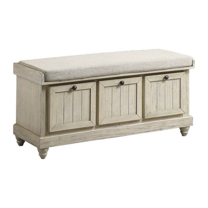 Beige Woodwell Lift-Top Storage Ottoman Bench by MAZ, showing side view with open lift-top and storage space inside.