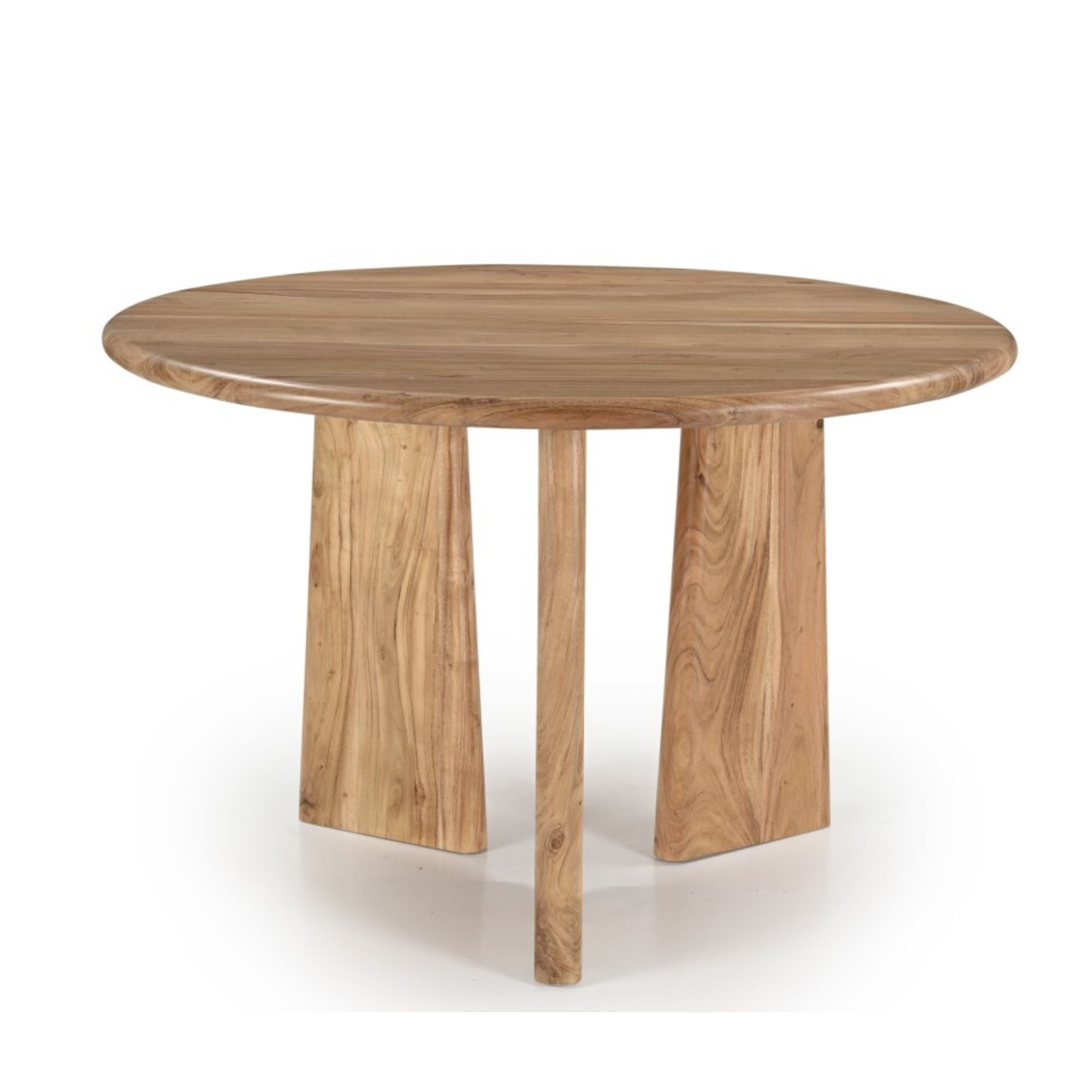Natural oak Felix mango wood round dining table by Brassex with smooth surface and sturdy legs, suitable for modern dining rooms.