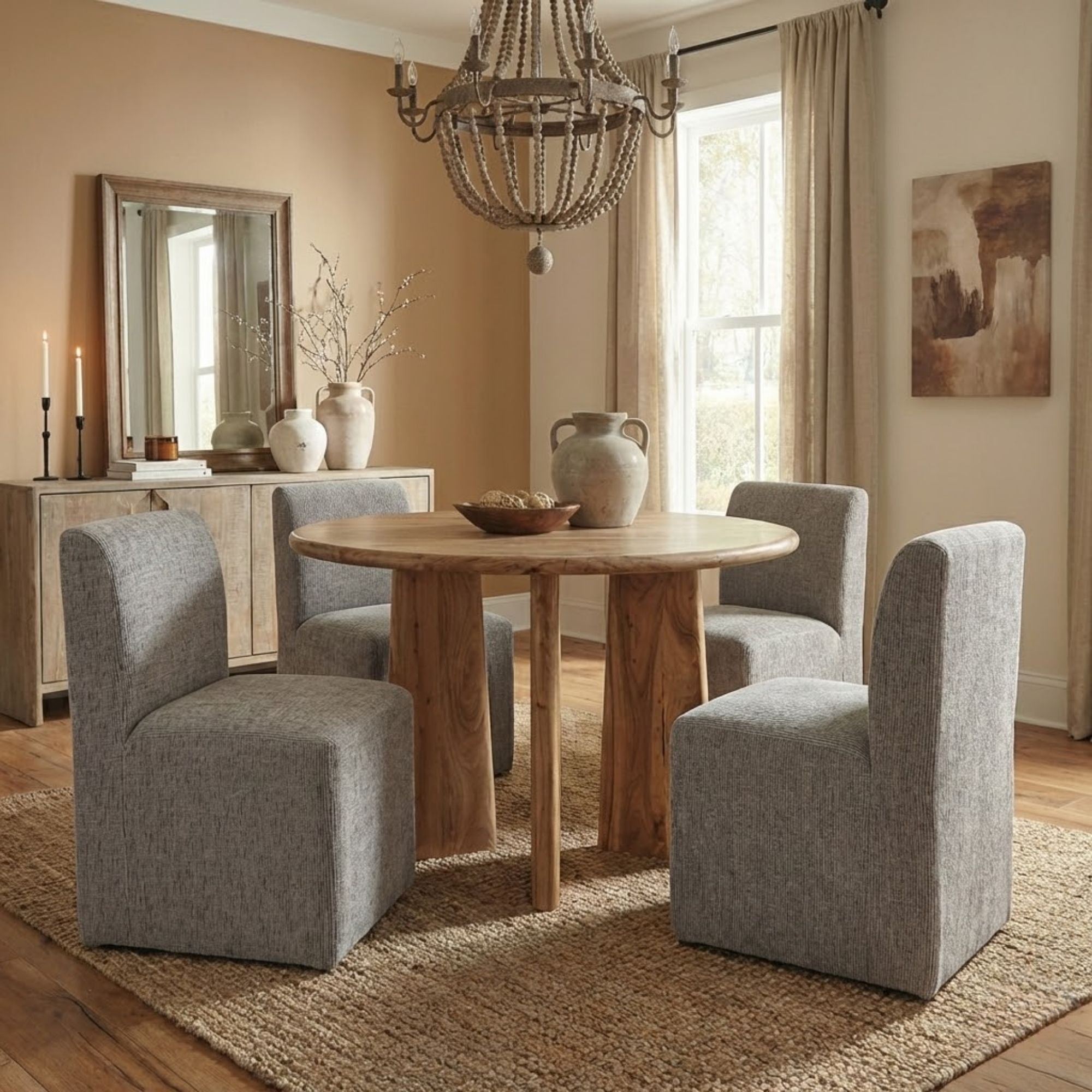 Natural oak Felix mango wood round dining table by Brassex, showcasing a smooth, polished surface and sturdy wooden legs.