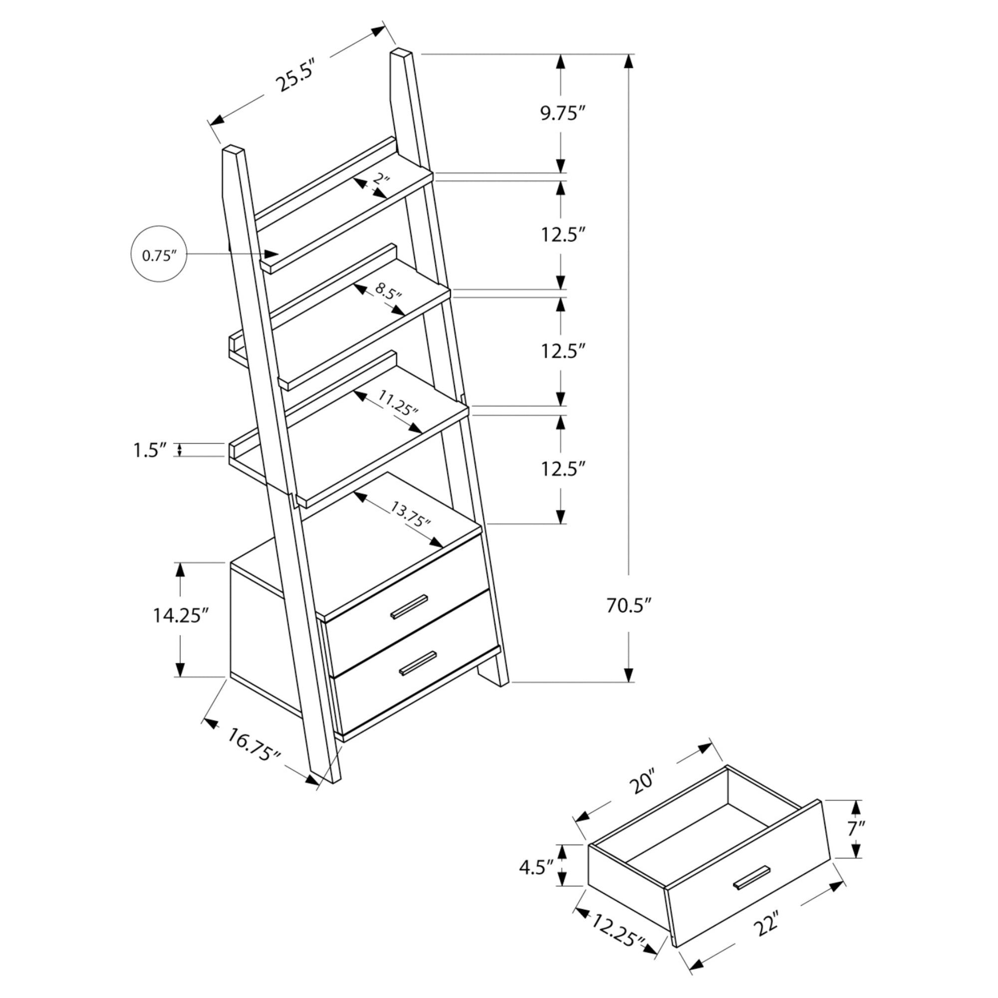 White 69-inch ladder bookcase with two storage drawers from Monarch Specialties, featuring open shelving and modern design.